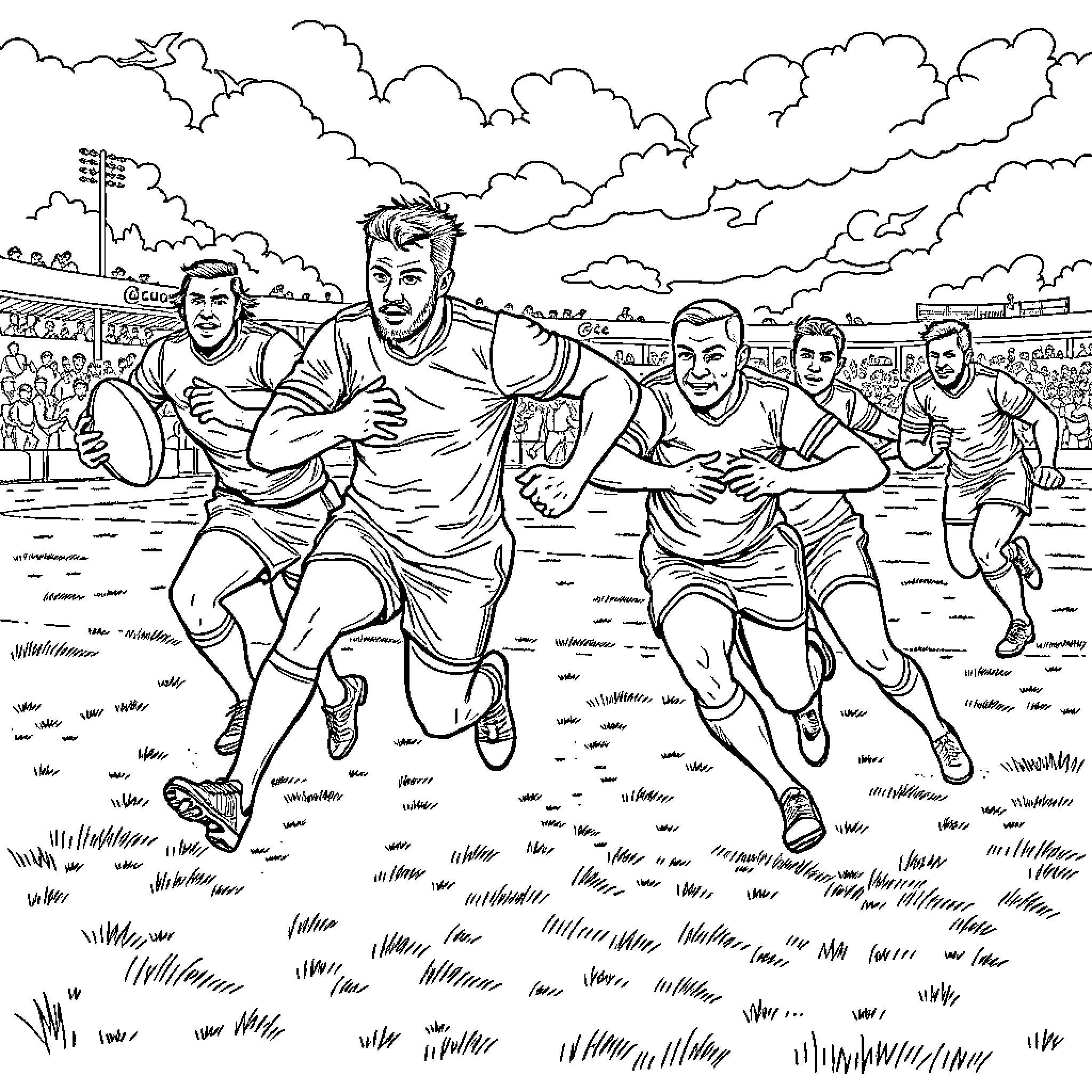 Rugby players competing on the field Coloring Page (free black-and-white line drawing printable PDF for all, from beginners to advanced learners, including children, teens, adults, and seniors)