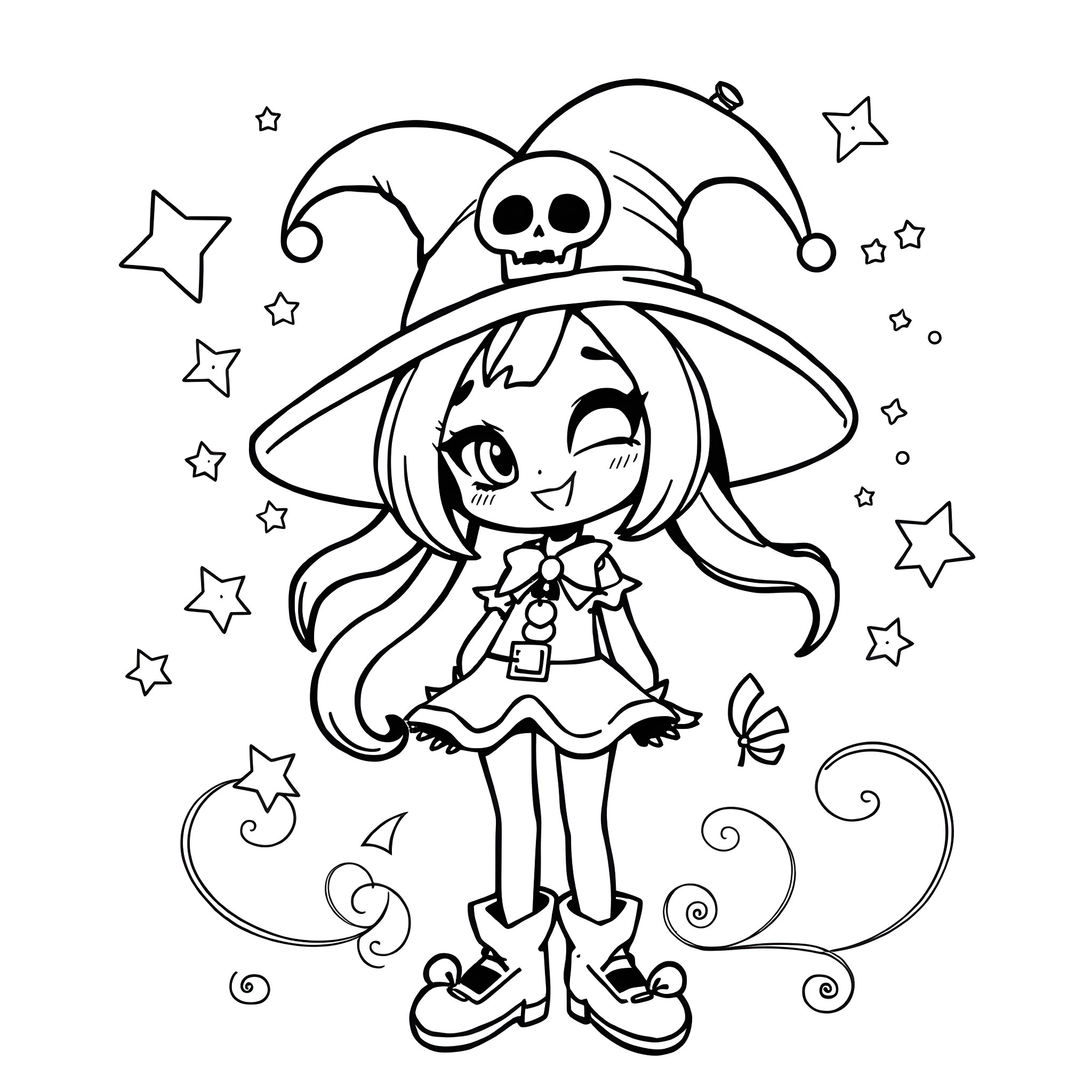 Kuromi enjoying a magical, whimsical moment Coloring Page (free black-and-white line drawing printable PDF for all, from beginners to advanced learners, including children, teens, adults, and seniors)