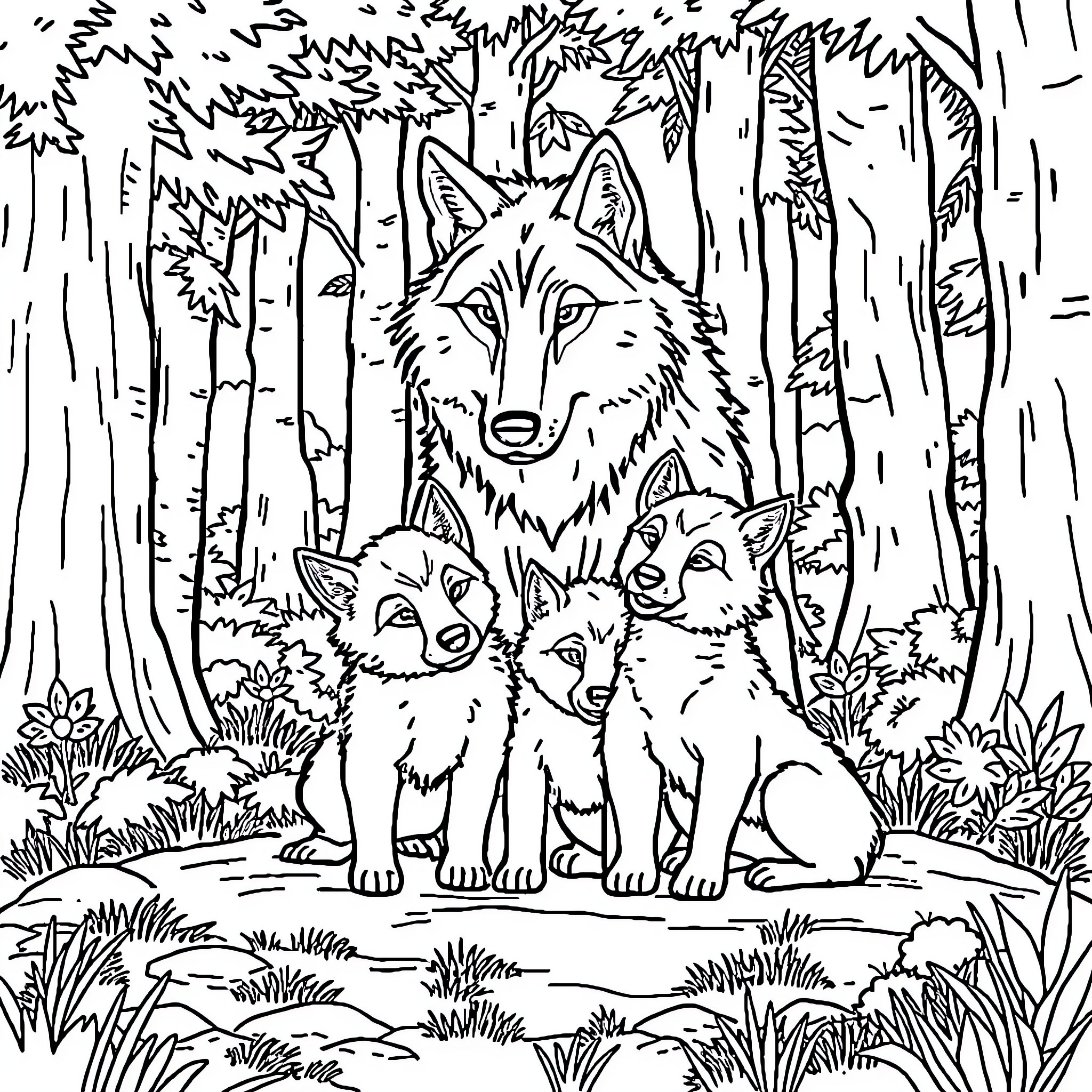 Wolf family in the enchanted forest Coloring Page (free black-and-white line drawing printable PDF for all, from beginners to advanced learners, including children, teens, adults, and seniors)