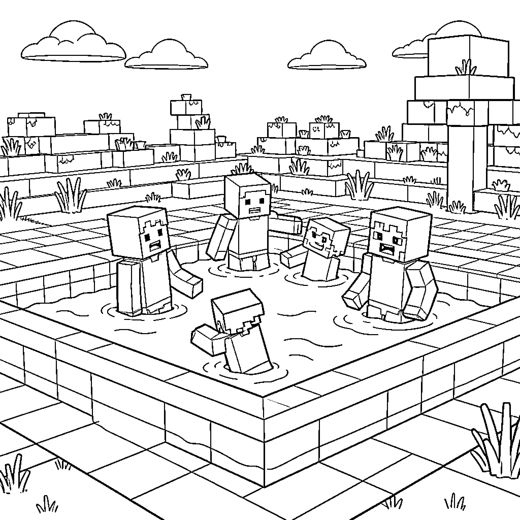 Minecraft characters swimming together in a pool Coloring Page (free black-and-white line drawing printable PDF for all, from beginners to advanced learners, including children, teens, adults, and seniors)