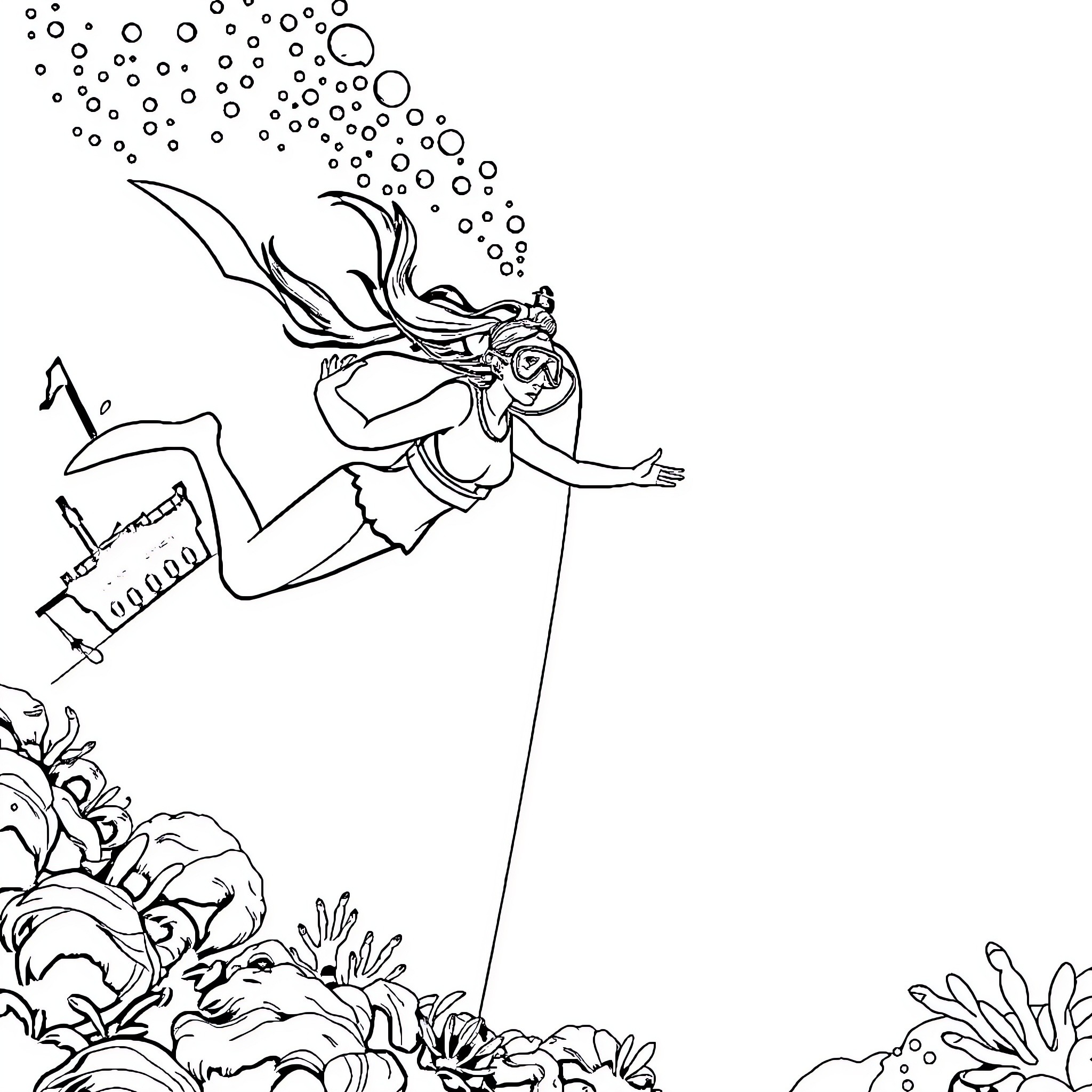 Scuba Diver exploring underwater marine life Coloring Page (free black-and-white line drawing printable PDF for all, from beginners to advanced learners, including children, teens, adults, and seniors)