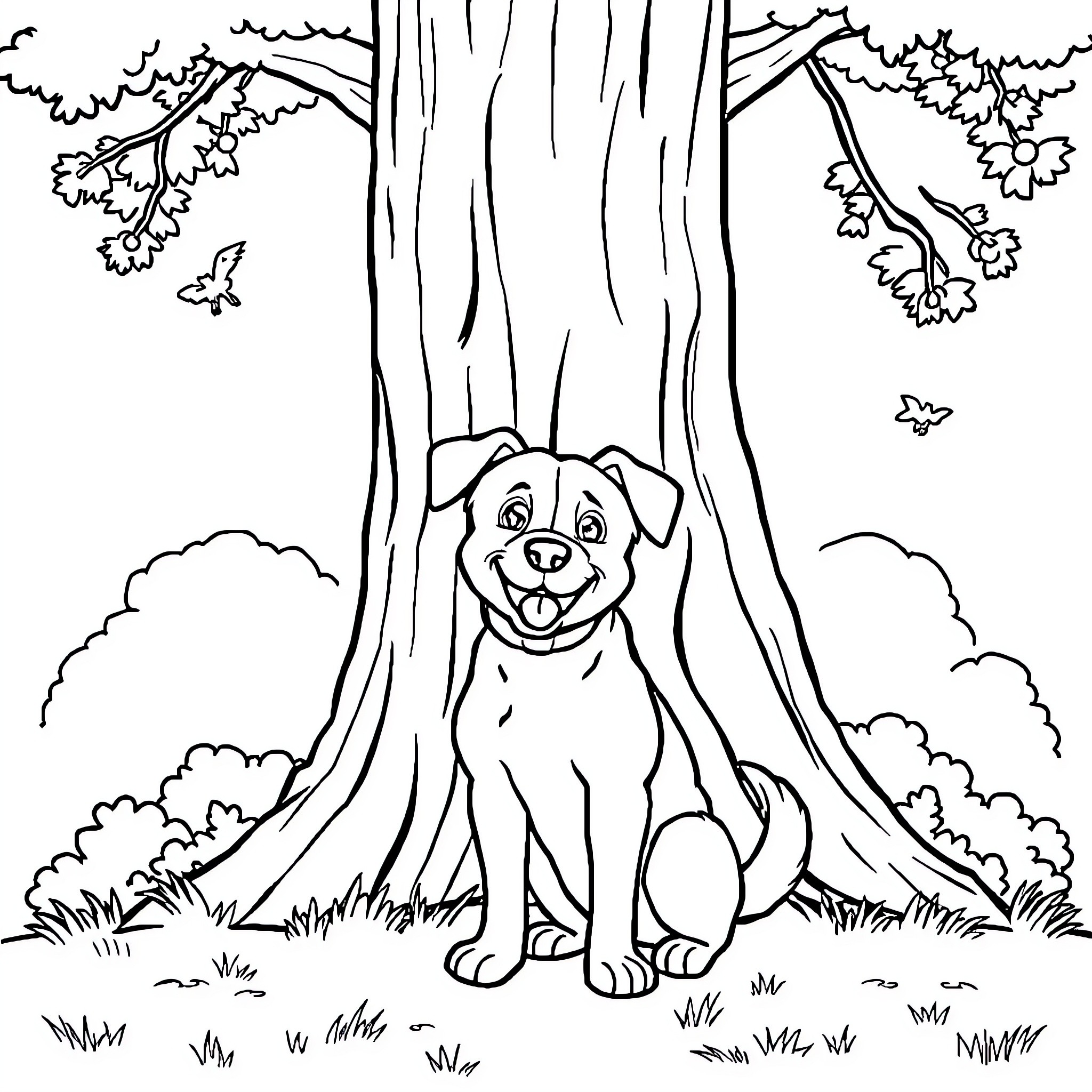 Dog peeking curiously from behind a tree Coloring Page (free black-and-white line drawing printable PDF for all, from beginners to advanced learners, including children, teens, adults, and seniors)