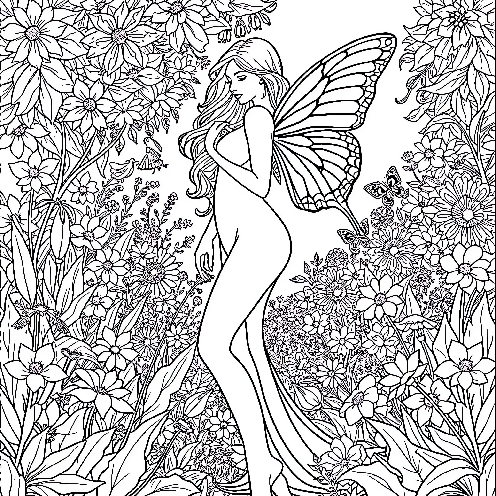 Woman in a garden of intricate flowers and butterflies Coloring Page (free black-and-white line drawing printable PDF for all, from beginners to advanced learners, including children, teens, adults, and seniors)