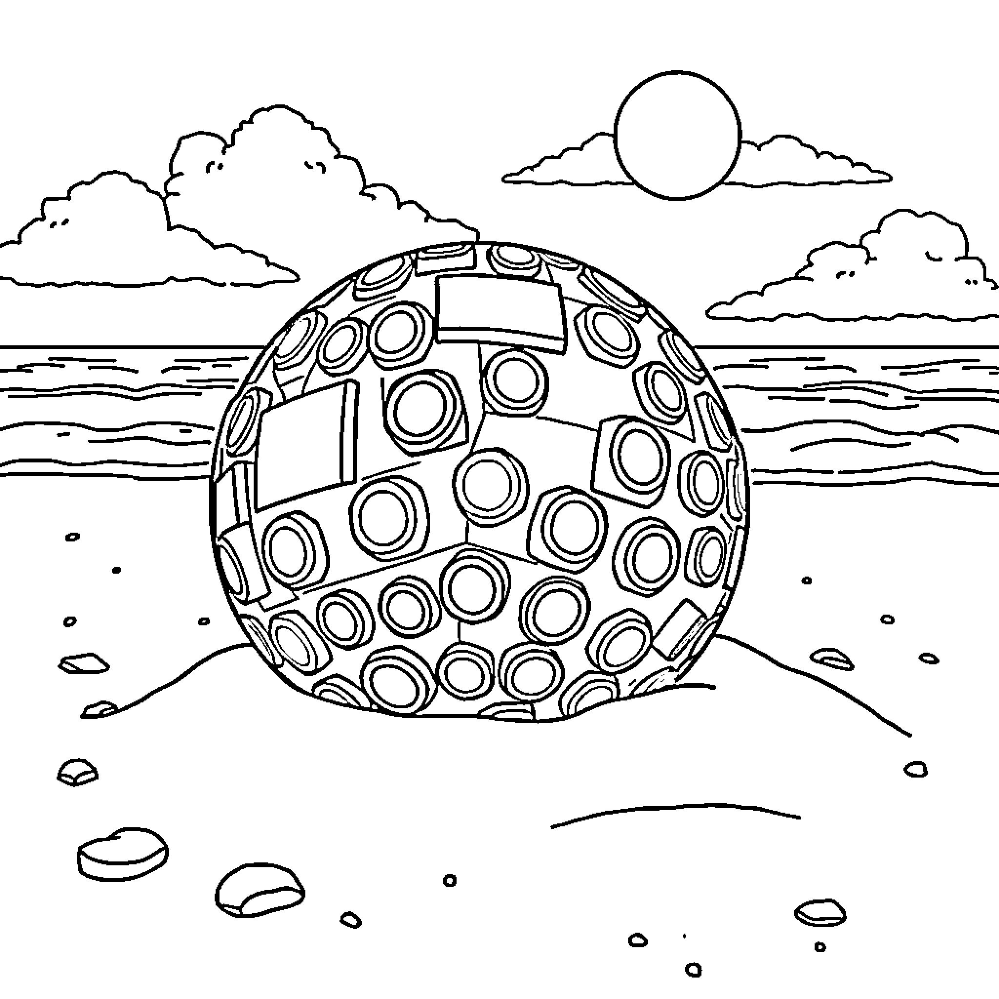 Lego sphere on a beach with sun and clouds Coloring Page (free black-and-white line drawing printable PDF for all, from beginners to advanced learners, including children, teens, adults, and seniors)