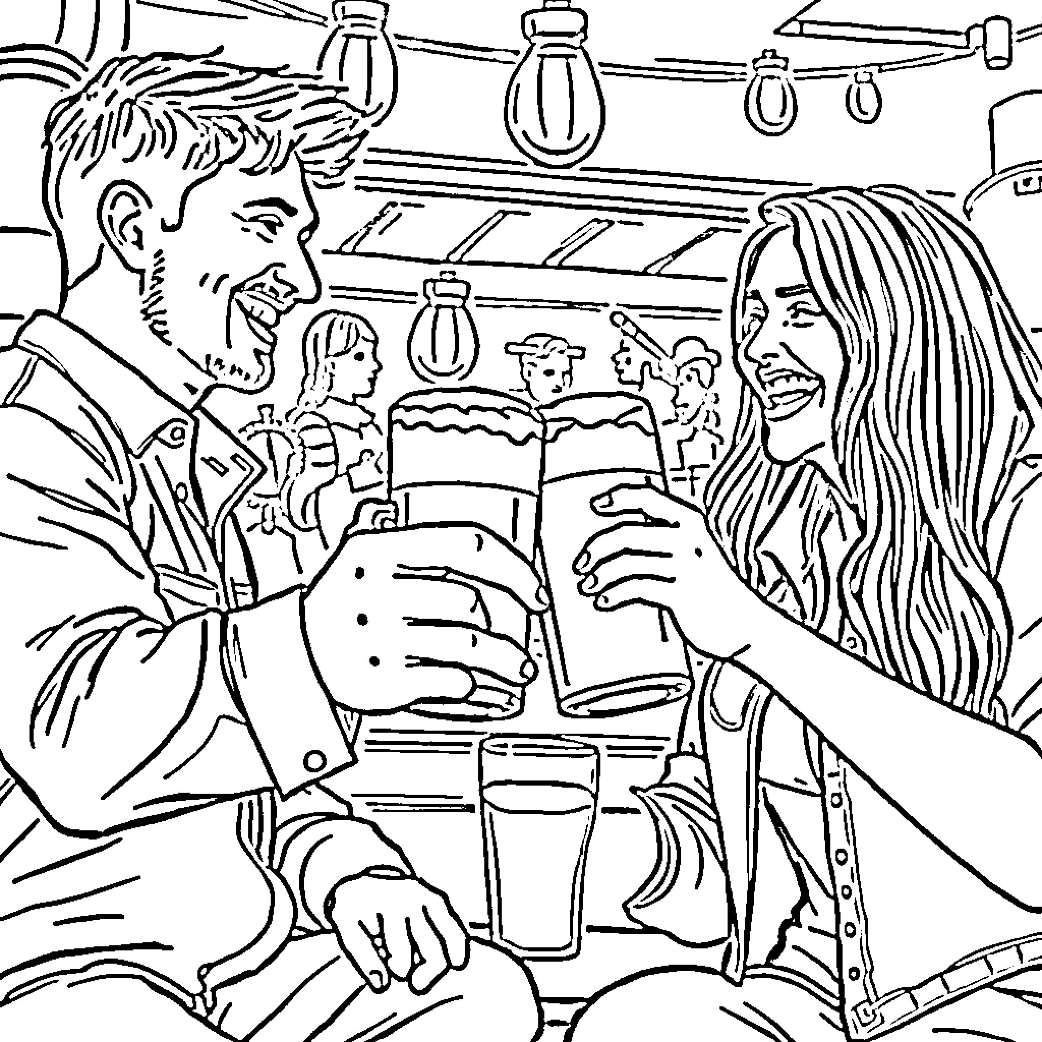 Beer Mug - Couple Enjoying Drinks at a Bar Coloring Page (free black-and-white line drawing printable PDF for all, from beginners to advanced learners, including children, teens, adults, and seniors)