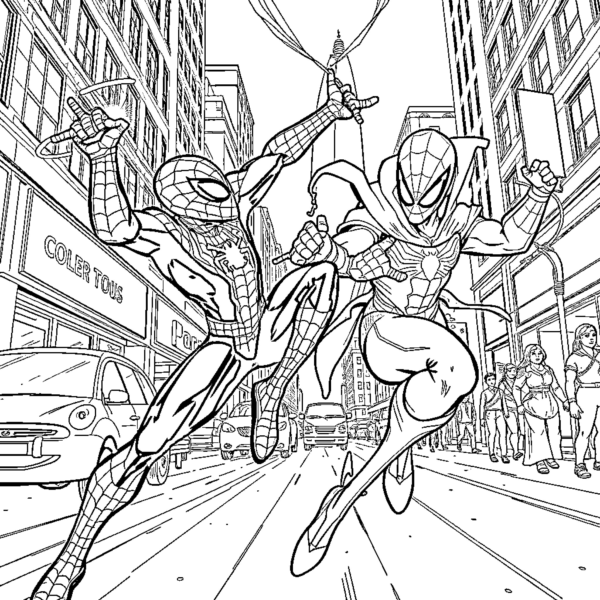 Spiderman heroically swinging through the city Coloring Page (free black-and-white line drawing printable PDF for all, from beginners to advanced learners, including children, teens, adults, and seniors)