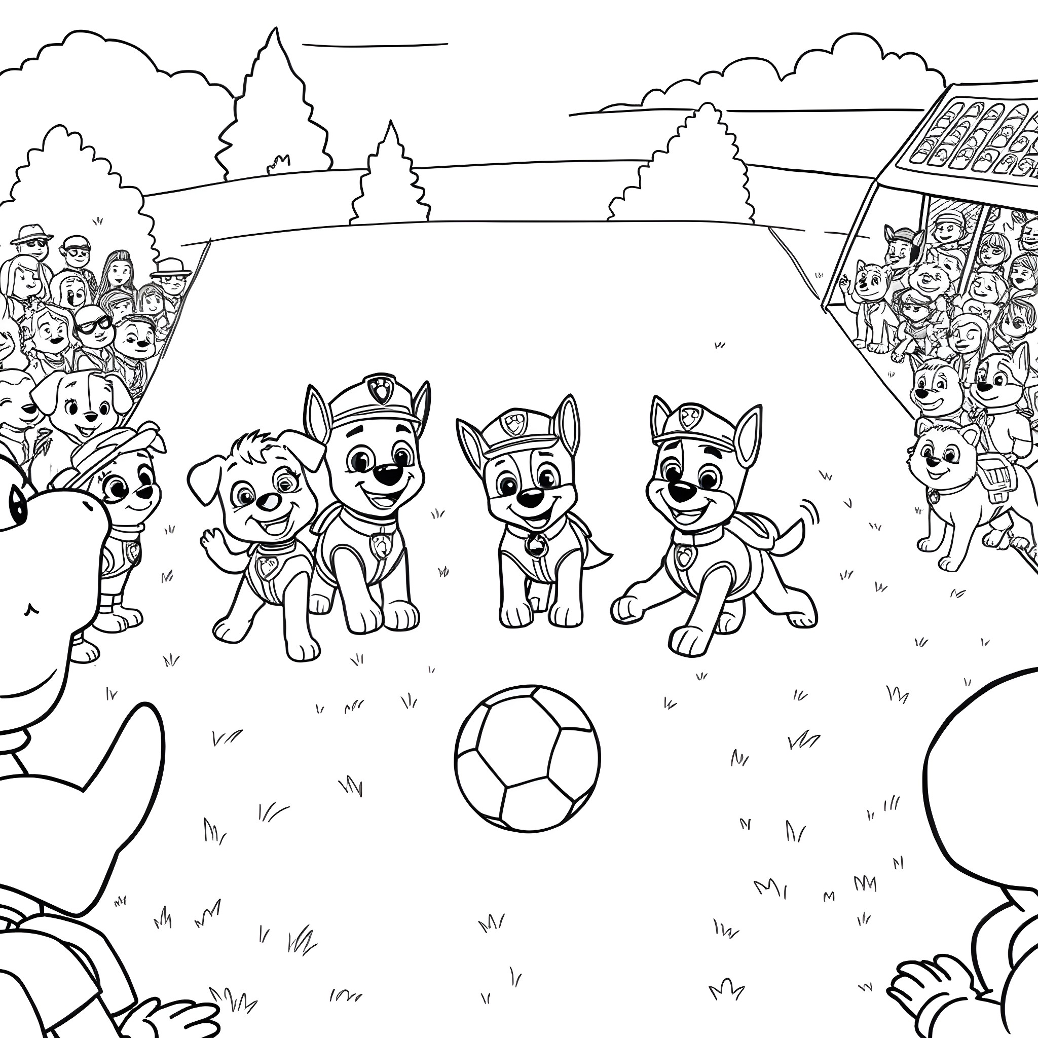 Paw Patrol playing soccer in the park Coloring Page (free black-and-white line drawing printable PDF for all, from beginners to advanced learners, including children, teens, adults, and seniors)