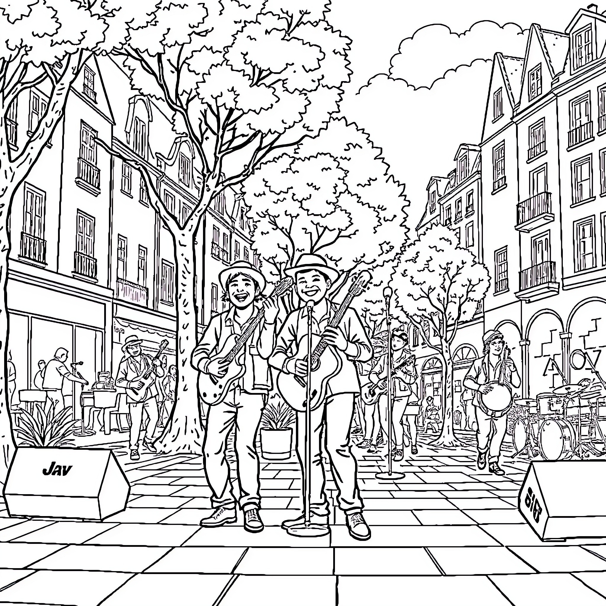 Saja Boy's Joyful Street Adventure Coloring Page (free black-and-white line drawing printable PDF for all, from beginners to advanced learners, including children, teens, adults, and seniors)