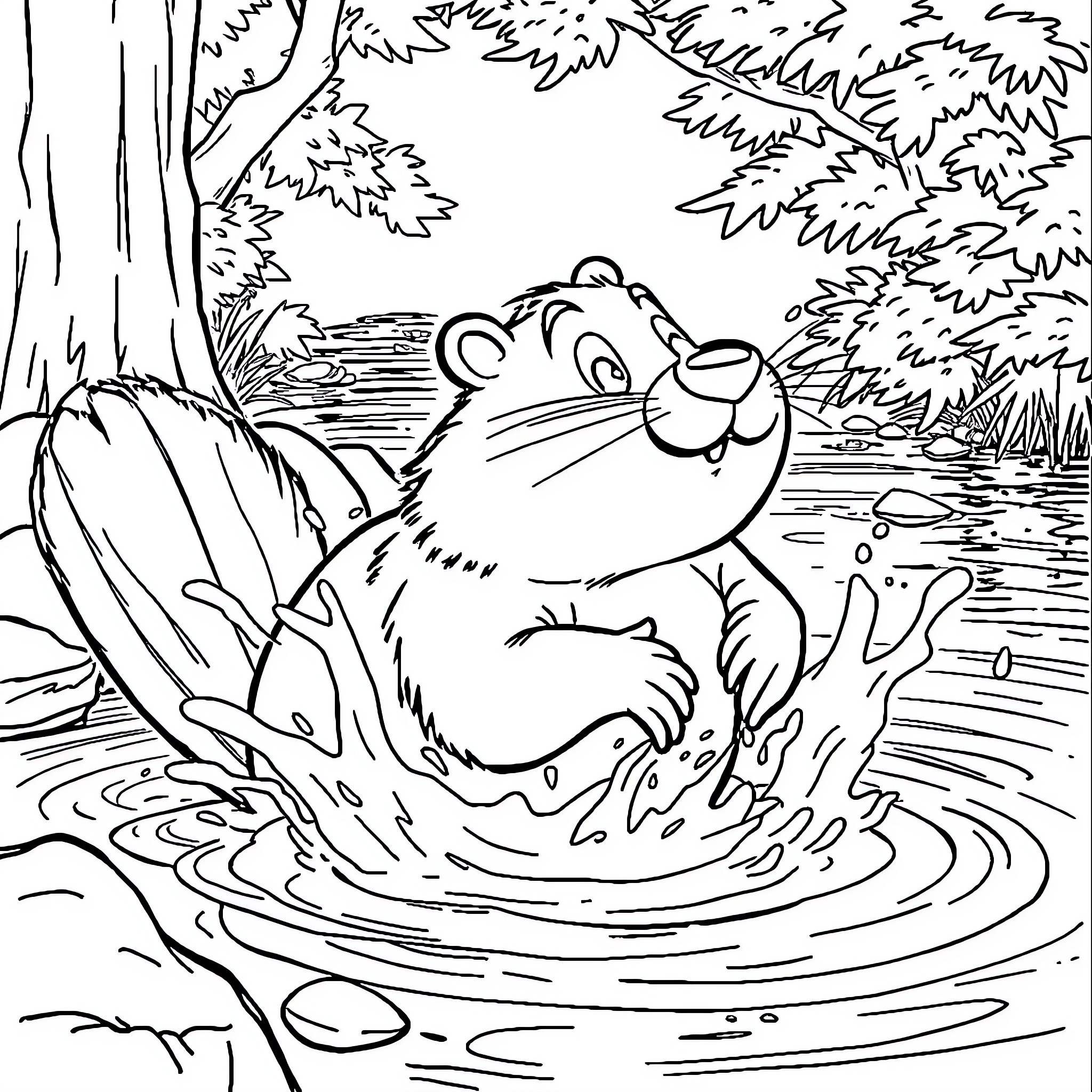 Beaver playing in the river Coloring Page (free black-and-white line drawing printable PDF for all, from beginners to advanced learners, including children, teens, adults, and seniors)