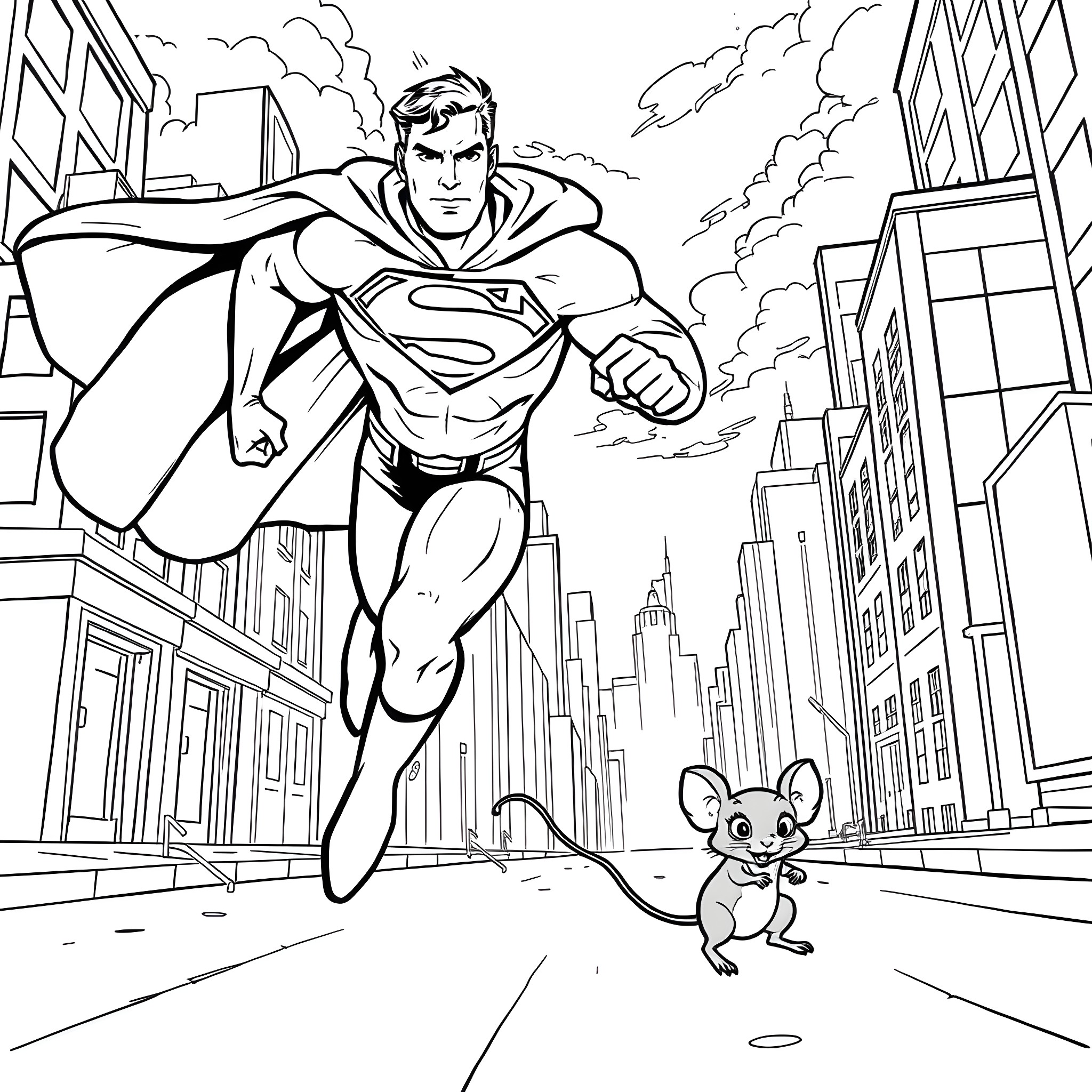 Superman flying above the city with a mouse on the ground Coloring Page (free black-and-white line drawing printable PDF for all, from beginners to advanced learners, including children, teens, adults, and seniors)