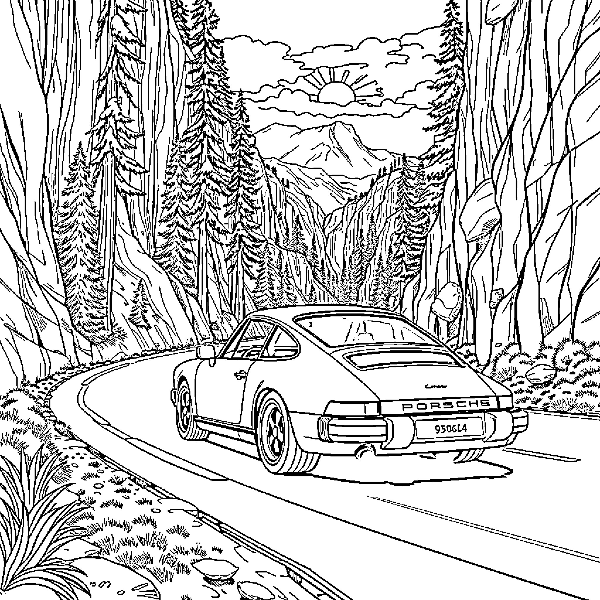 Porsche racing through scenic mountain landscape Coloring Page (free black-and-white line drawing printable PDF for all, from beginners to advanced learners, including children, teens, adults, and seniors)