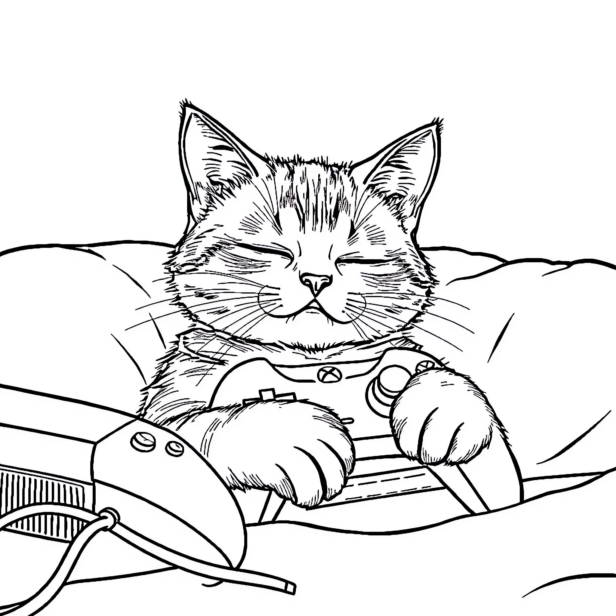 Cat playing with video game controller Coloring Page (free black-and-white line drawing printable PDF for all, from beginners to advanced learners, including children, teens, adults, and seniors)