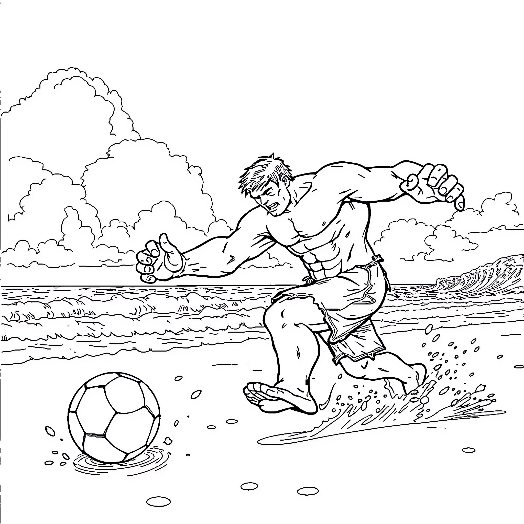 Hulk playing soccer by the beach Coloring Page (free black-and-white line drawing printable PDF for all, from beginners to advanced learners, including children, teens, adults, and seniors)