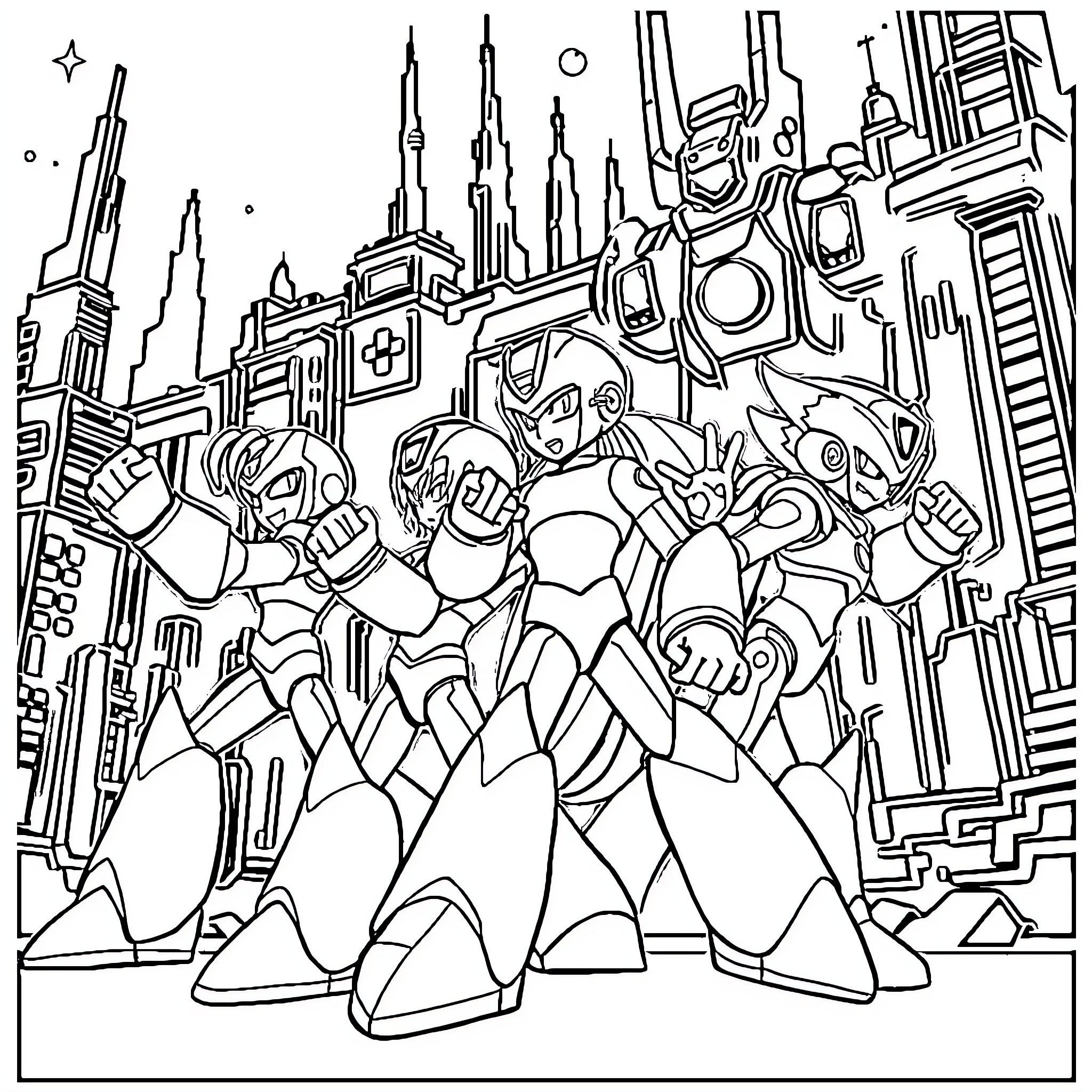 Megaman Characters in Futuristic City Landscape Coloring Page (free black-and-white line drawing printable PDF for all, from beginners to advanced learners, including children, teens, adults, and seniors)