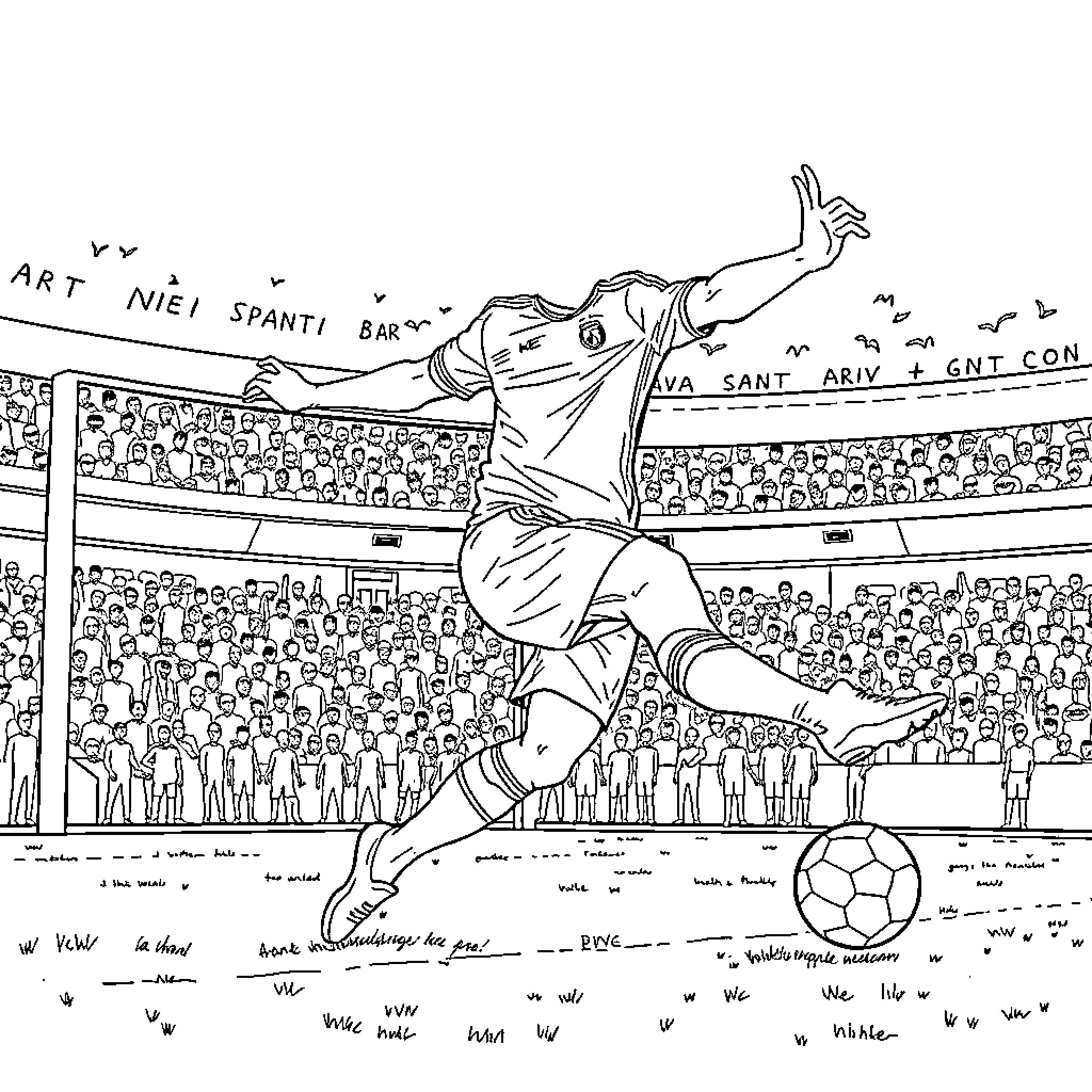Ronaldo celebrating a goal in a soccer stadium Coloring Page (free black-and-white line drawing printable PDF for all, from beginners to advanced learners, including children, teens, adults, and seniors)