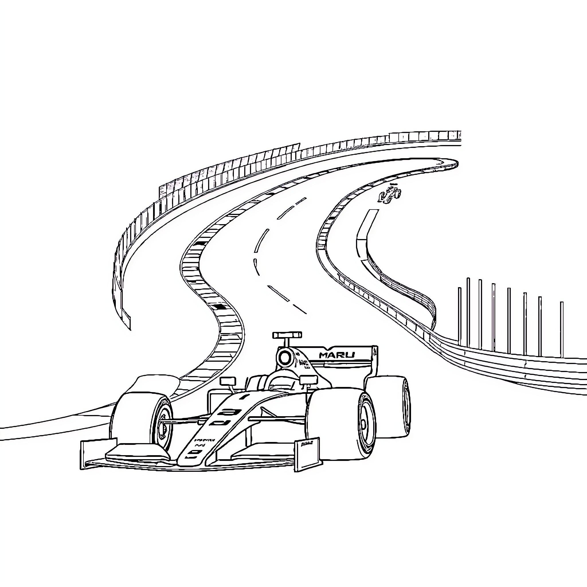 Formula 1 Race Car on Curved Track Coloring Page (free black-and-white line drawing printable PDF for all, from beginners to advanced learners, including children, teens, adults, and seniors)