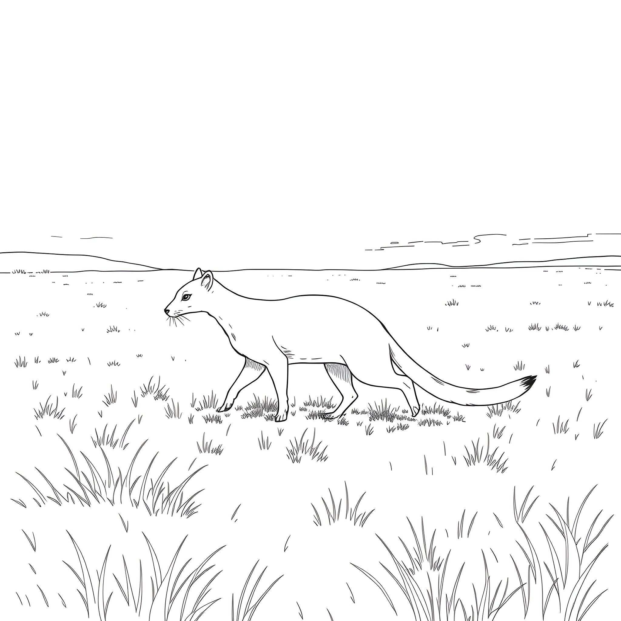 Weasel roaming through the grasslands Coloring Page (free black-and-white line drawing printable PDF for all, from beginners to advanced learners, including children, teens, adults, and seniors)