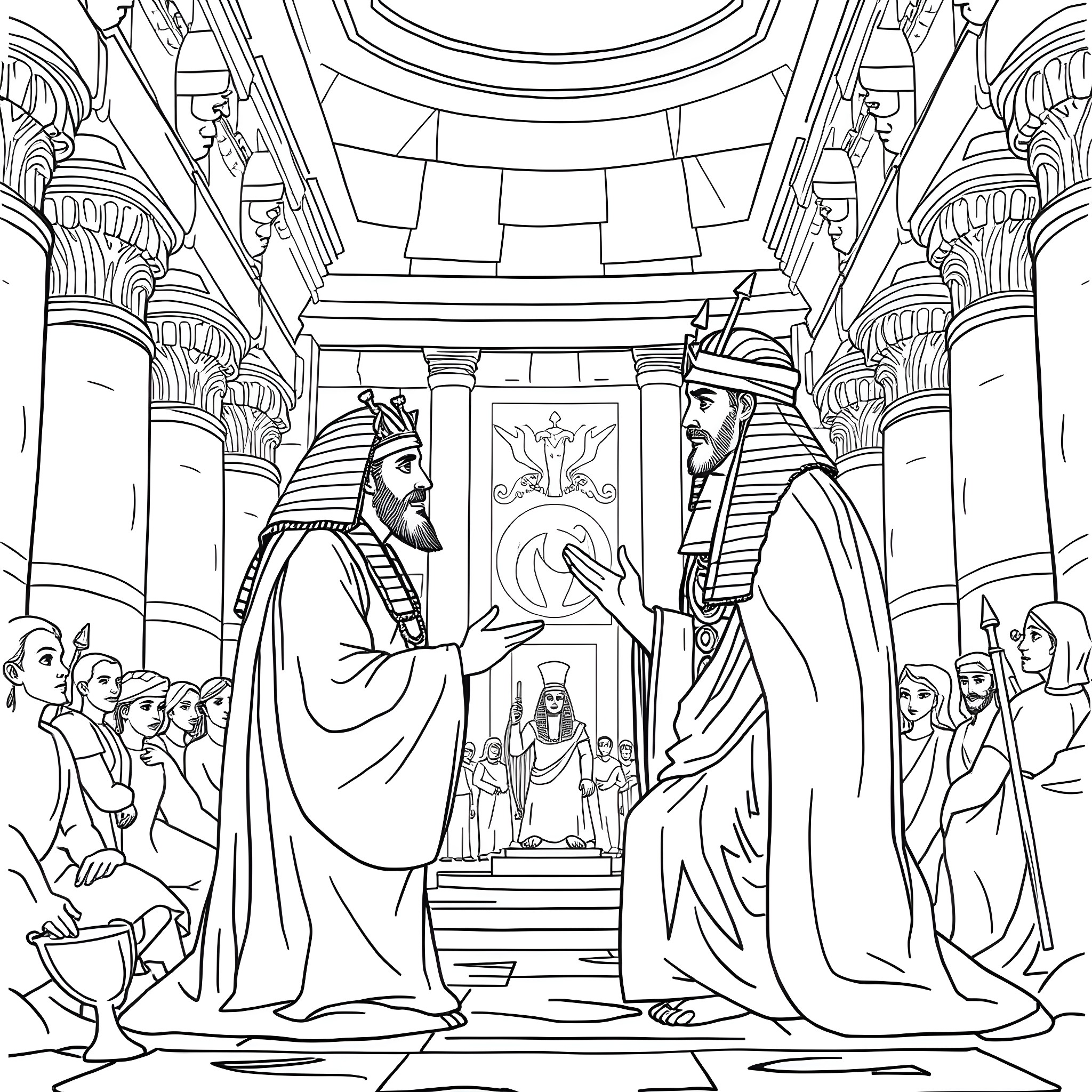 Pharaoh's Audience in the Grand Palace Coloring Page (free black-and-white line drawing printable PDF for all, from beginners to advanced learners, including children, teens, adults, and seniors)