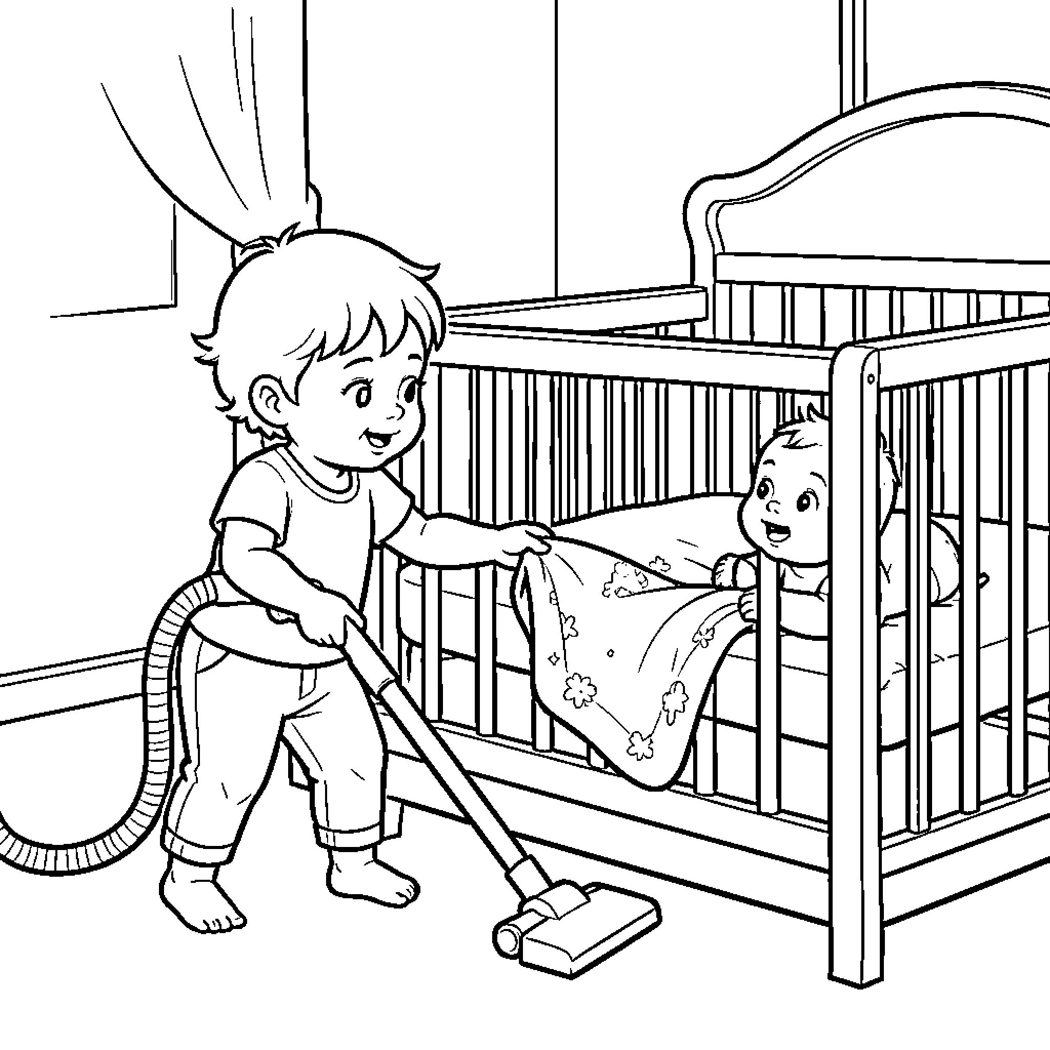 Toddler vacuuming near a baby in a crib Coloring Page (free black-and-white line drawing printable PDF for all, from beginners to advanced learners, including children, teens, adults, and seniors)