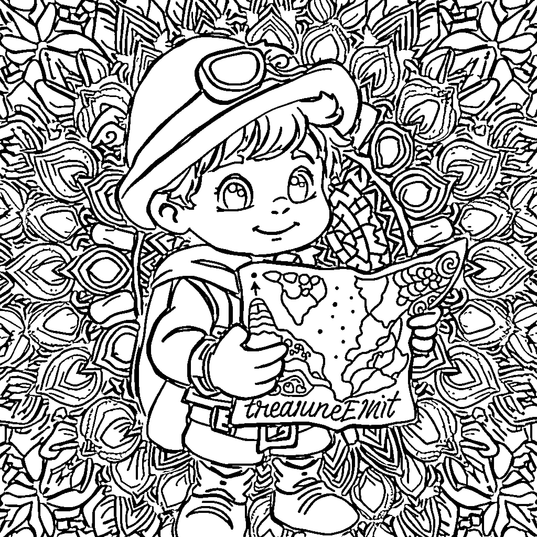Mandala of a Cheerful Treasure Hunter Coloring Page (free black-and-white line drawing printable PDF for all, from beginners to advanced learners, including children, teens, adults, and seniors)