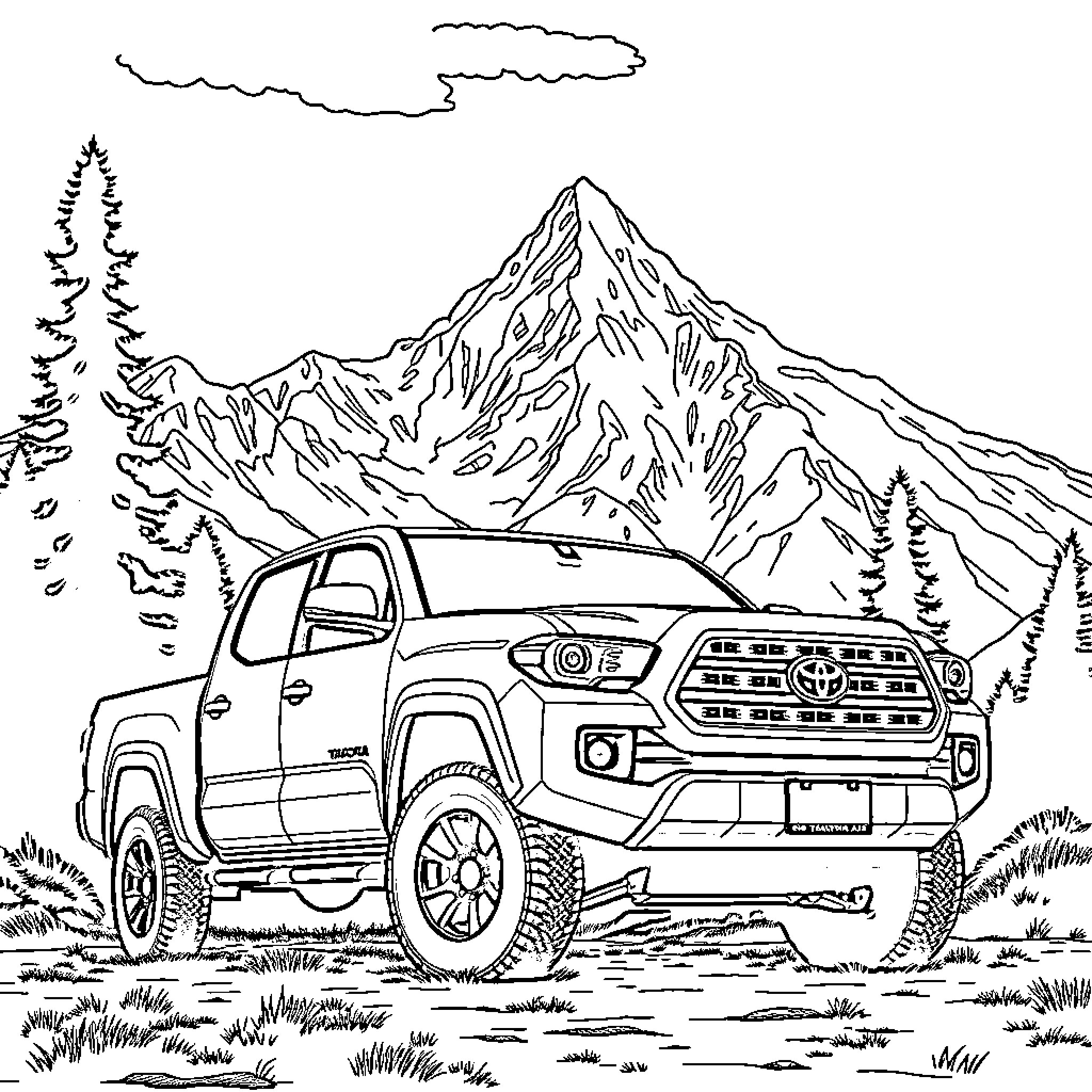 Toyota Tacoma off-roading in the mountains Coloring Page (free black-and-white line drawing printable PDF for all, from beginners to advanced learners, including children, teens, adults, and seniors)