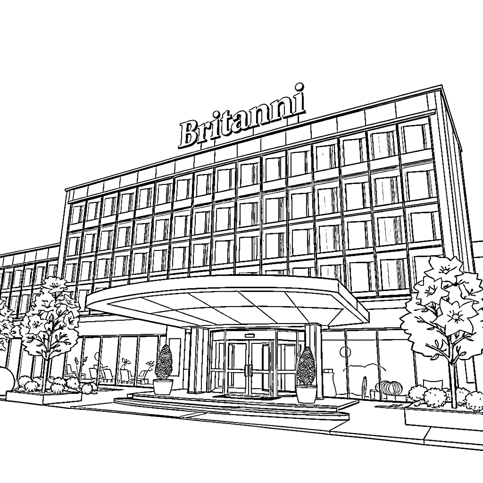 Hotel with Britannia signage and exterior view Coloring Page (free black-and-white line drawing printable PDF for all, from beginners to advanced learners, including children, teens, adults, and seniors)