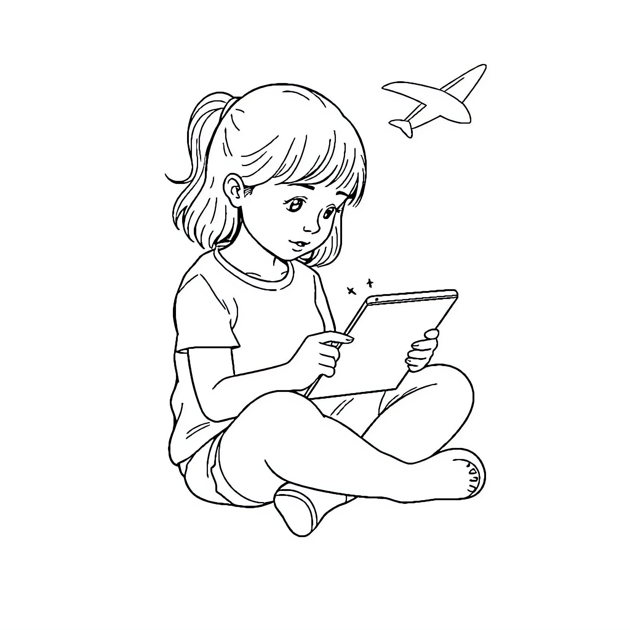 Girl playing on tablet with aeroplane in background Coloring Page (free black-and-white line drawing printable PDF for all, from beginners to advanced learners, including children, teens, adults, and seniors)