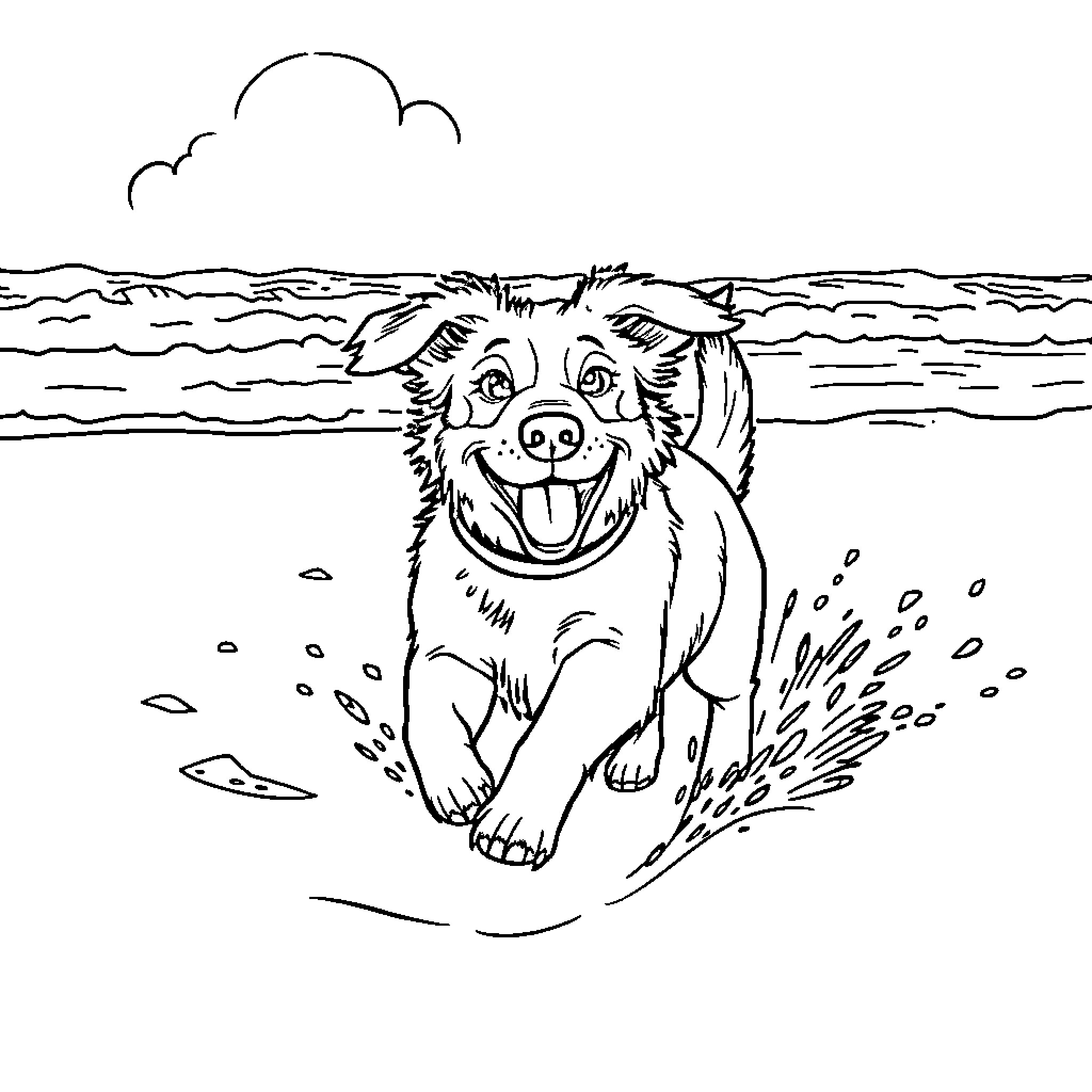 Dog playing joyfully in the ocean waves Coloring Page (free black-and-white line drawing printable PDF for all, from beginners to advanced learners, including children, teens, adults, and seniors)