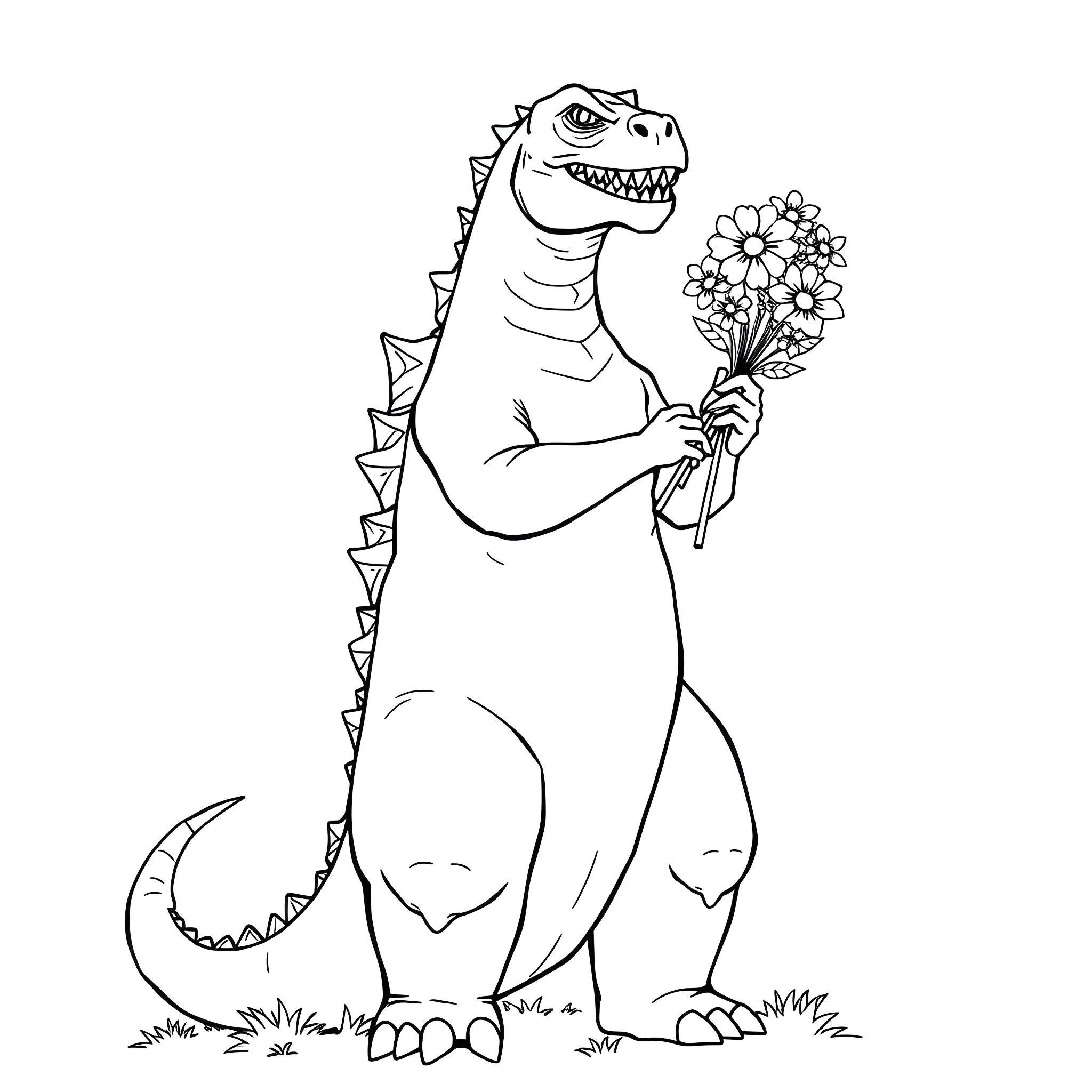 Godzilla holding a bouquet of flowers Coloring Page (free black-and-white line drawing printable PDF for all, from beginners to advanced learners, including children, teens, adults, and seniors)