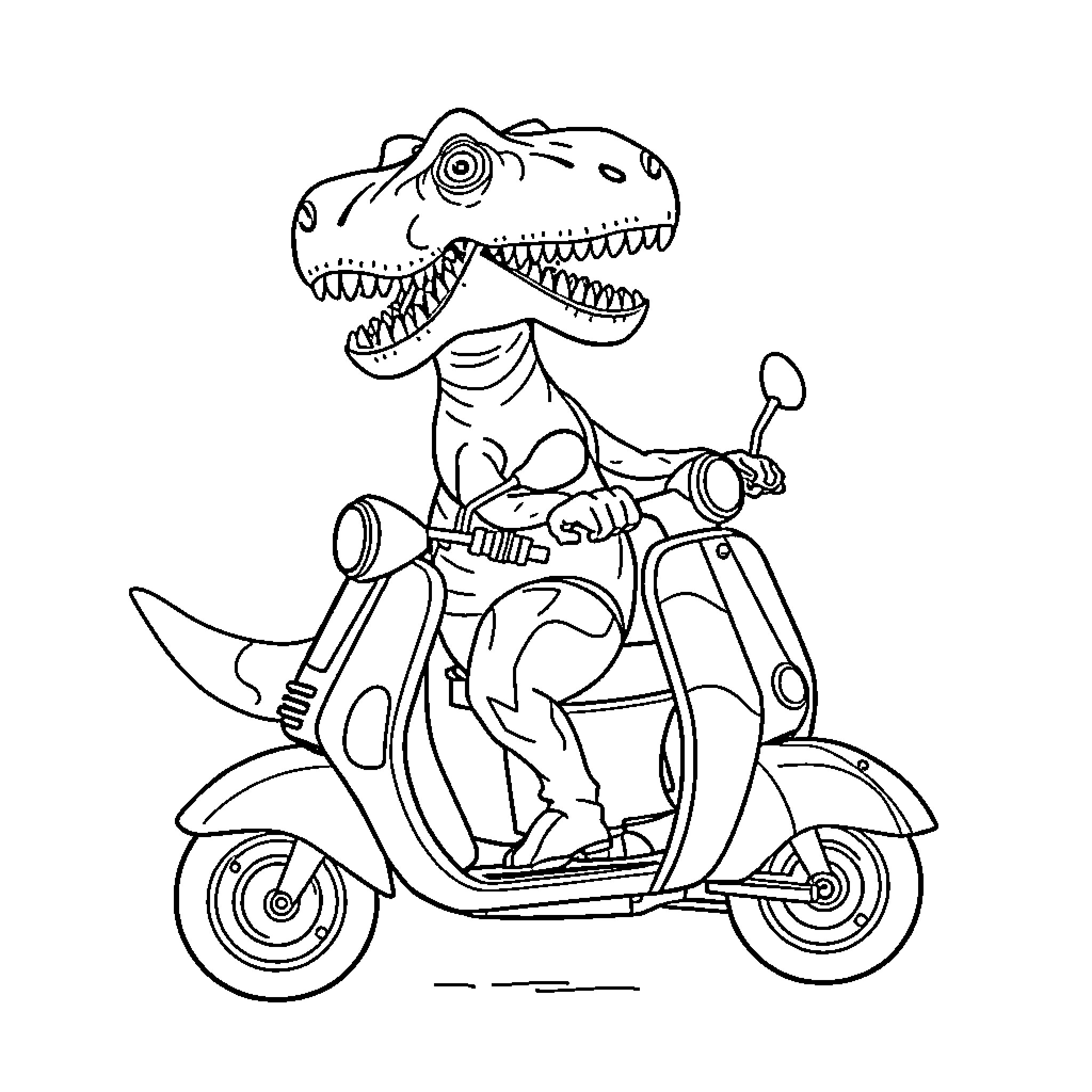 T-Rex riding a scooter with enthusiasm Coloring Page (free black-and-white line drawing printable PDF for all, from beginners to advanced learners, including children, teens, adults, and seniors)