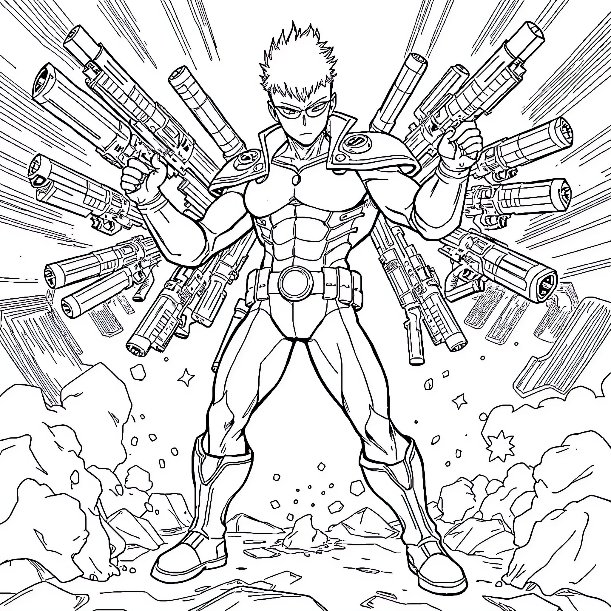 Genos Unleashes His Destructive Power Coloring Page (free black-and-white line drawing printable PDF for all, from beginners to advanced learners, including children, teens, adults, and seniors)