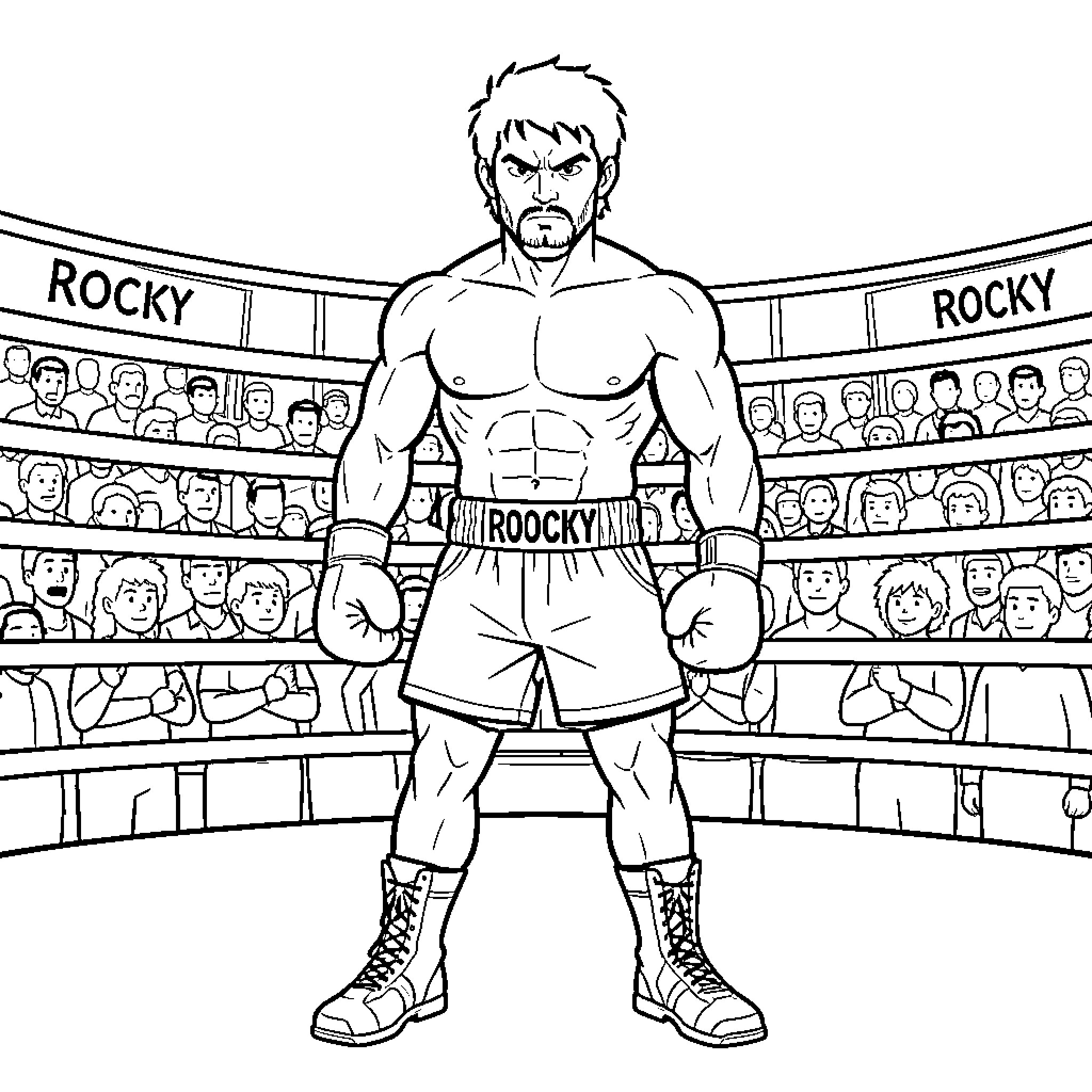 Rocky standing determined in a boxing ring Coloring Page (free black-and-white line drawing printable PDF for all, from beginners to advanced learners, including children, teens, adults, and seniors)