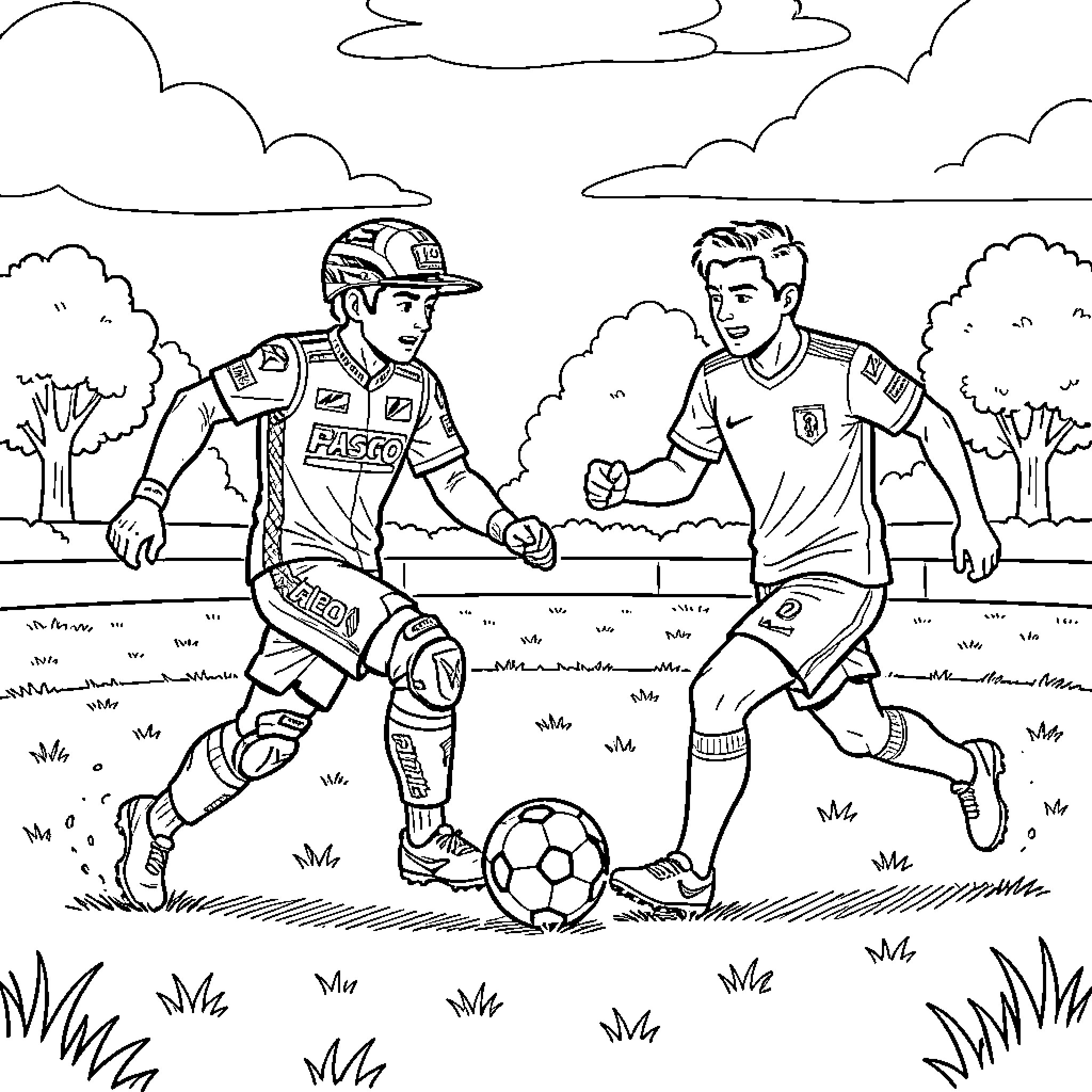 Fabio Quartararo playing soccer with a friend outdoors Coloring Page (free black-and-white line drawing printable PDF for all, from beginners to advanced learners, including children, teens, adults, and seniors)