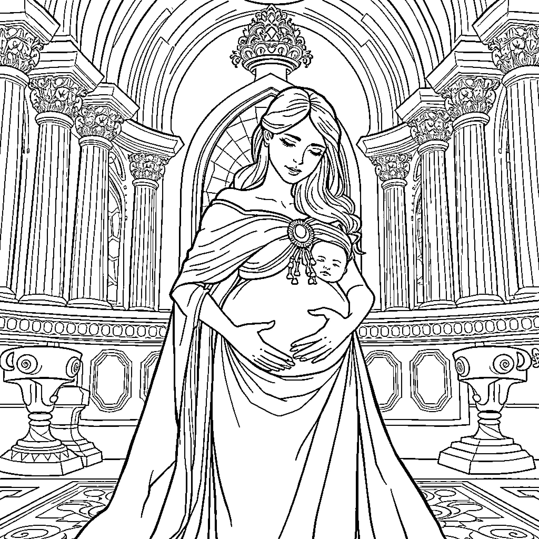 Princess holding a child in an ornate chamber Coloring Page (free black-and-white line drawing printable PDF for all, from beginners to advanced learners, including children, teens, adults, and seniors)