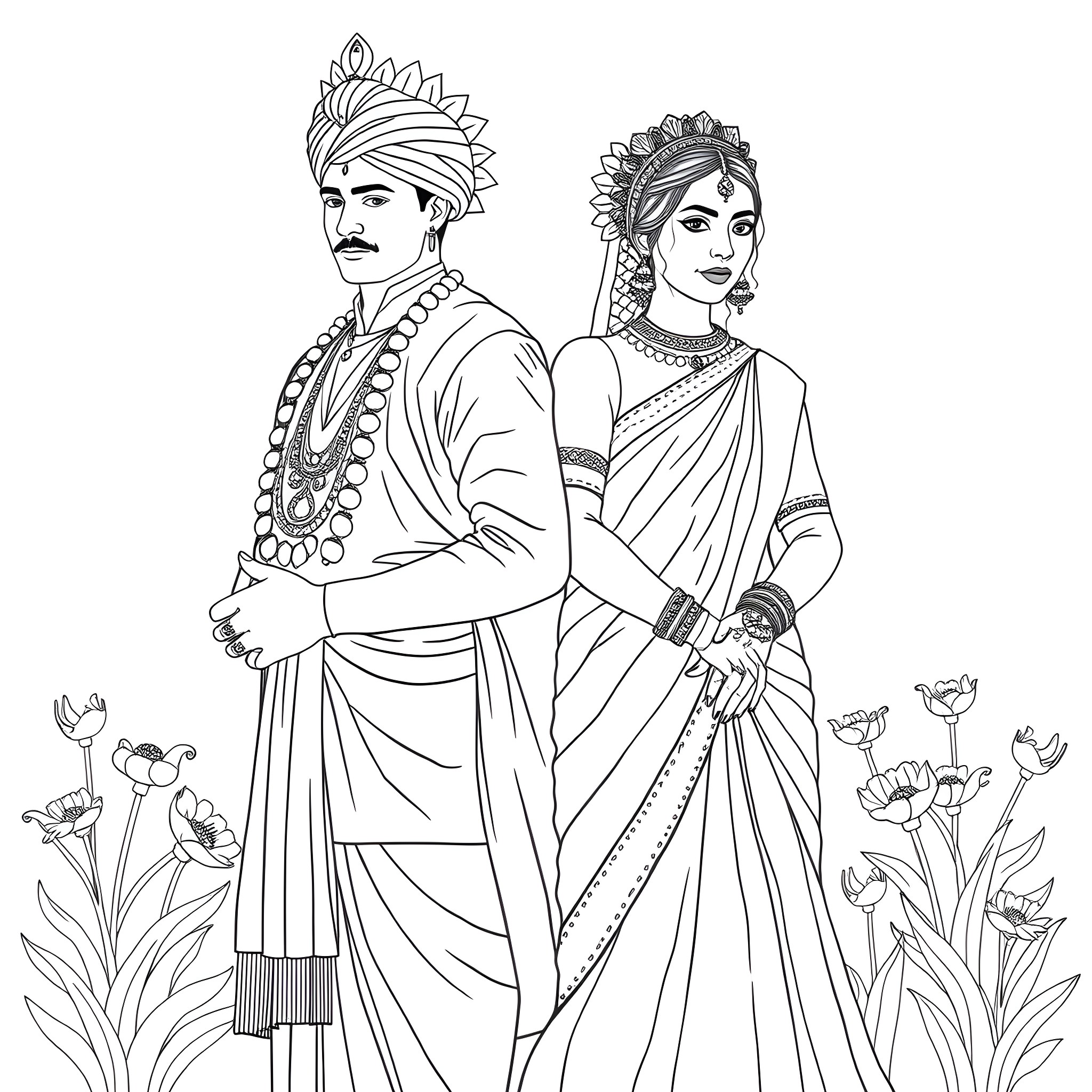 Man and Woman in Traditional Indian Attire Coloring Page (free black-and-white line drawing printable PDF for all, from beginners to advanced learners, including children, teens, adults, and seniors)