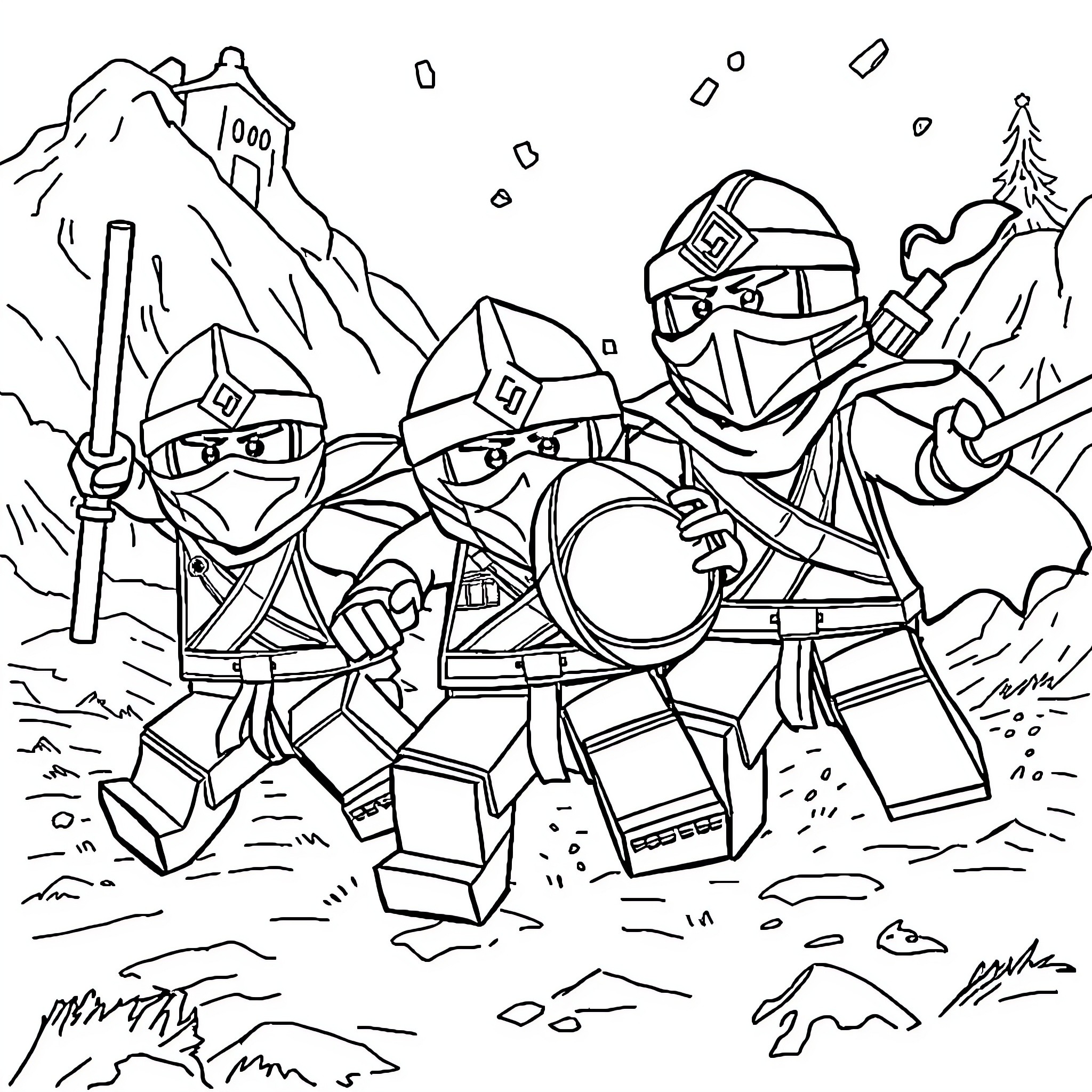 Ninjago warriors in action-packed combat scene Coloring Page (free black-and-white line drawing printable PDF for all, from beginners to advanced learners, including children, teens, adults, and seniors)