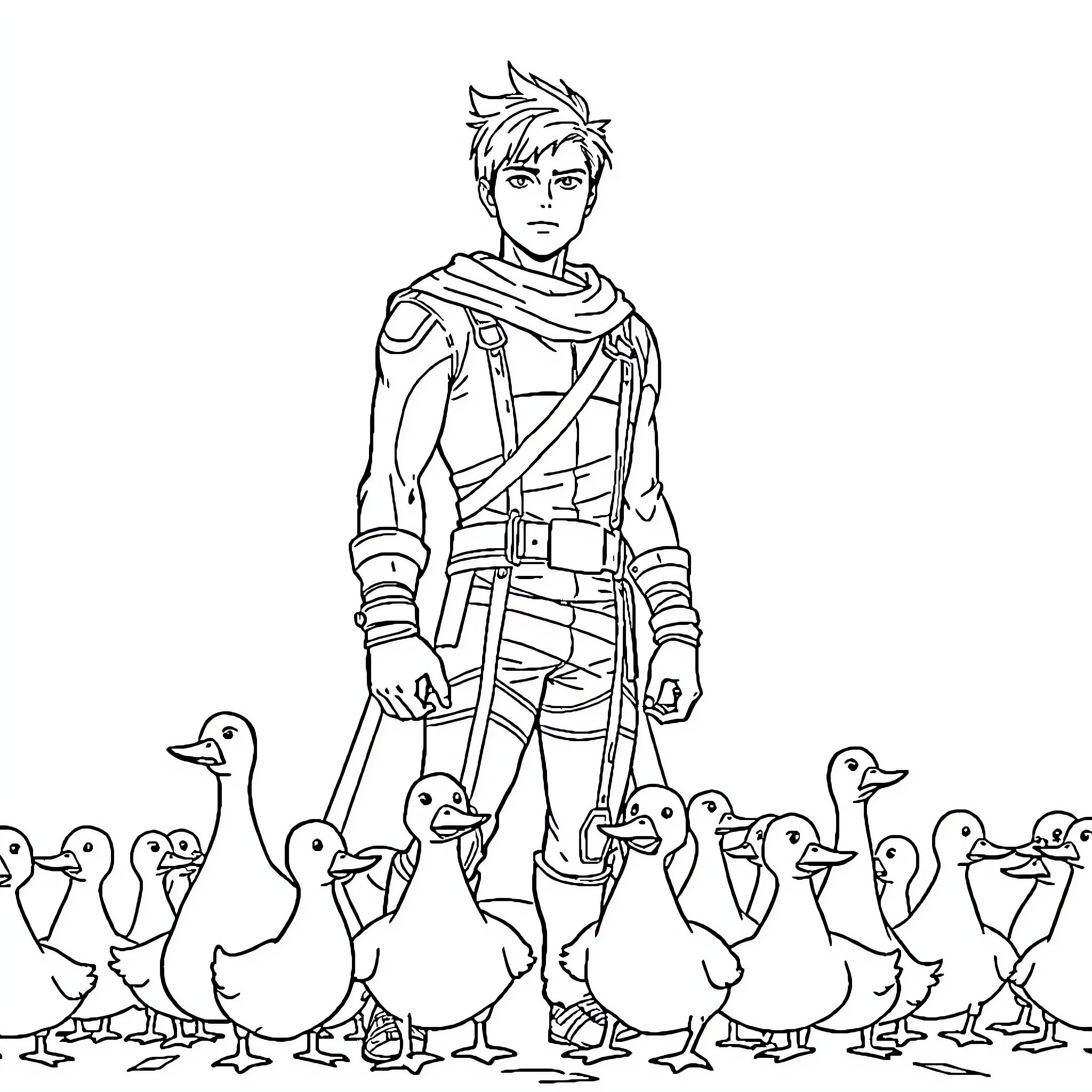 Eren Yeager surrounded by a flock of ducks Coloring Page (free black-and-white line drawing printable PDF for all, from beginners to advanced learners, including children, teens, adults, and seniors)