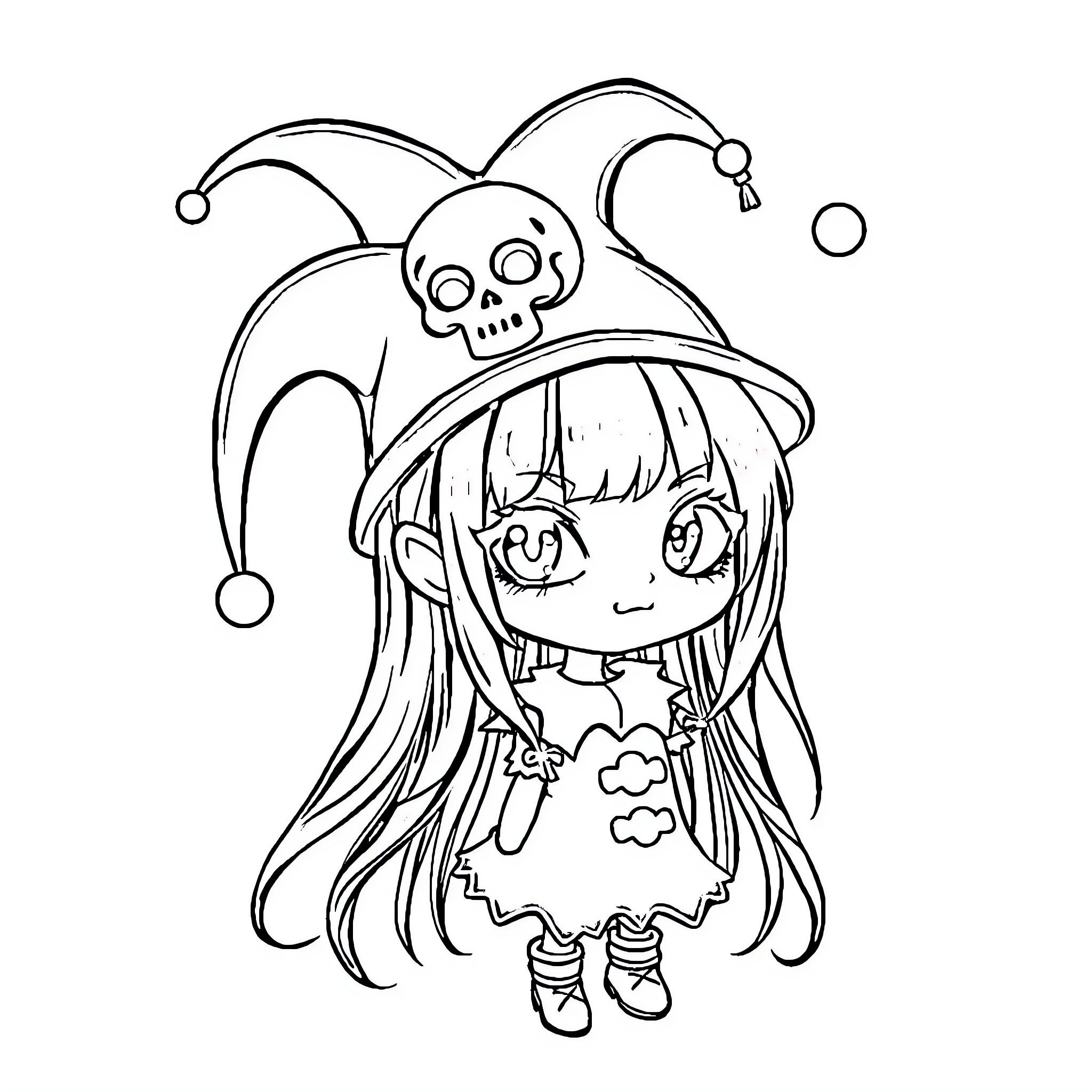 Kuromi in whimsical jester attire Coloring Page (free black-and-white line drawing printable PDF for all, from beginners to advanced learners, including children, teens, adults, and seniors)