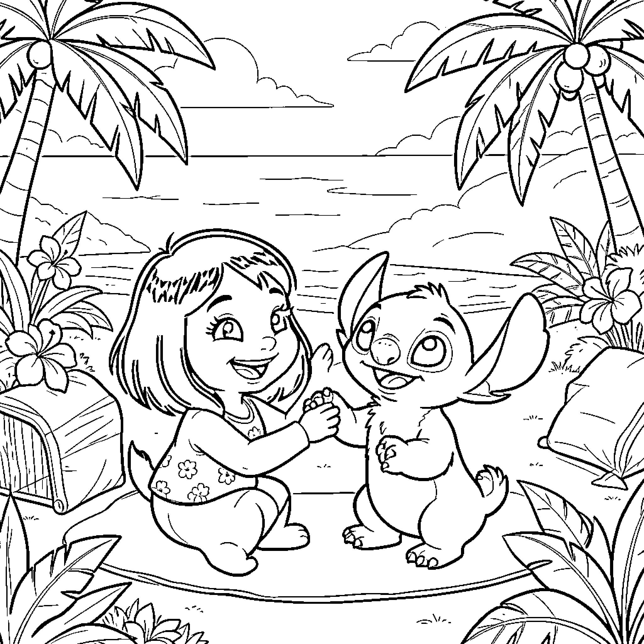 Lilo And Stitch high-fiving on a tropical beach Coloring Page (free black-and-white line drawing printable PDF for all, from beginners to advanced learners, including children, teens, adults, and seniors)
