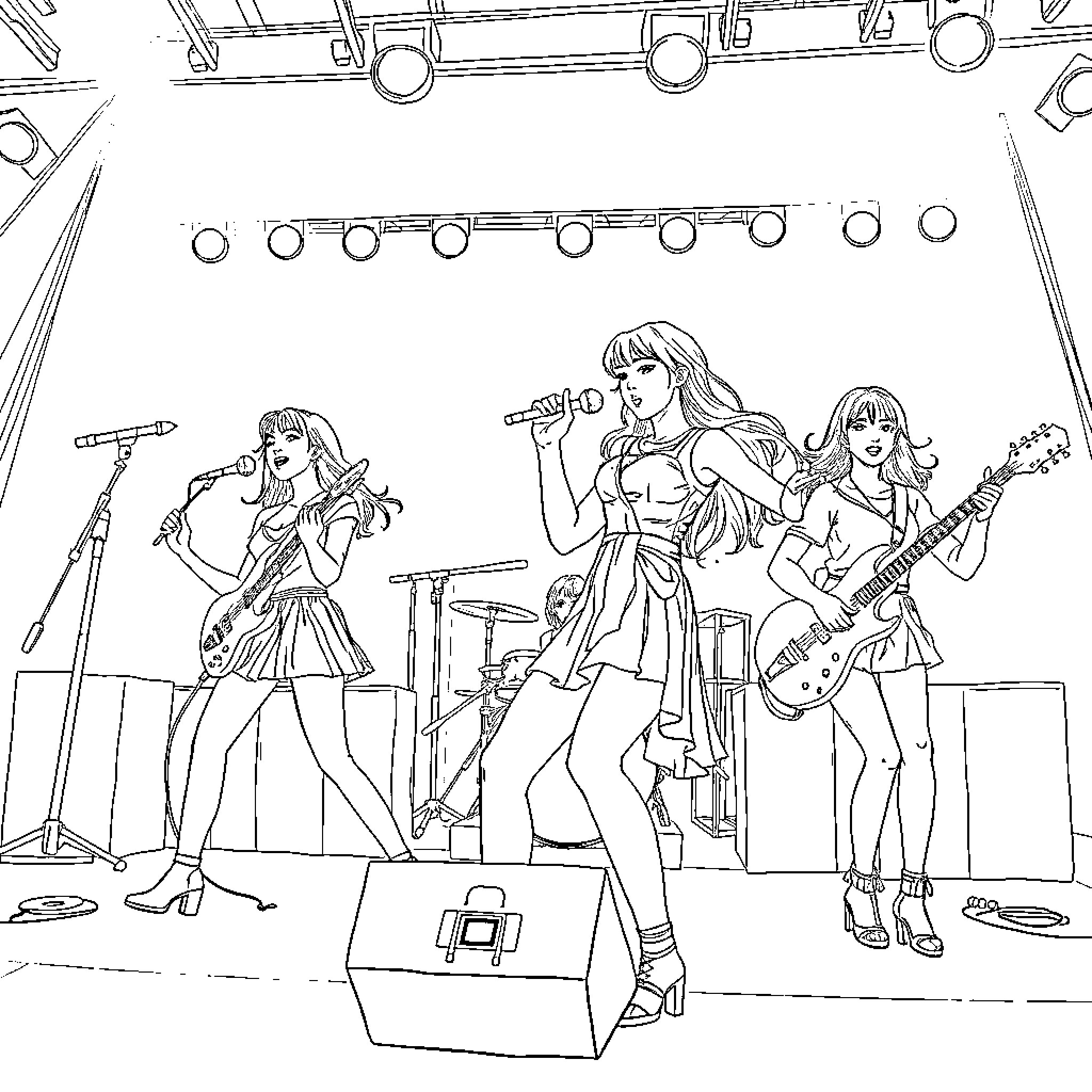 Kpop Warriors Performing on Stage Coloring Page (free black-and-white line drawing printable PDF for all, from beginners to advanced learners, including children, teens, adults, and seniors)