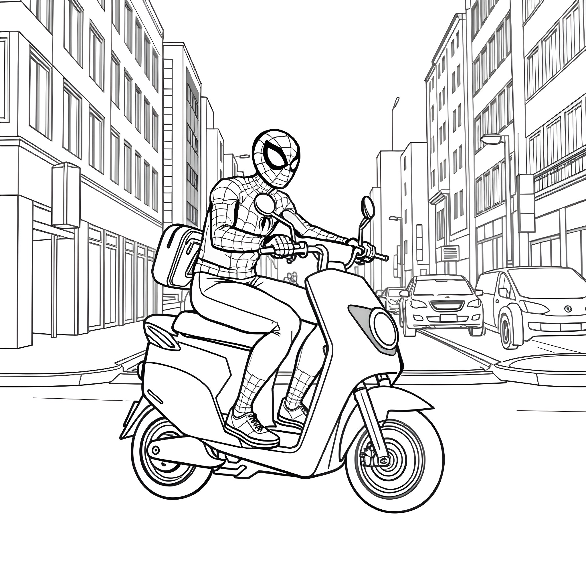 Spiderman riding a scooter through the city Coloring Page (free black-and-white line drawing printable PDF for all, from beginners to advanced learners, including children, teens, adults, and seniors)