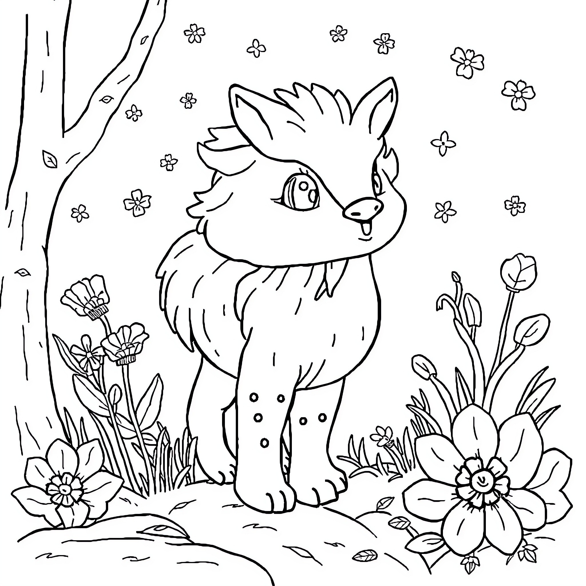 Children explore a whimsical forest with adorable creatures Coloring Page (free black-and-white line drawing printable PDF for all, from beginners to advanced learners, including children, teens, adults, and seniors)