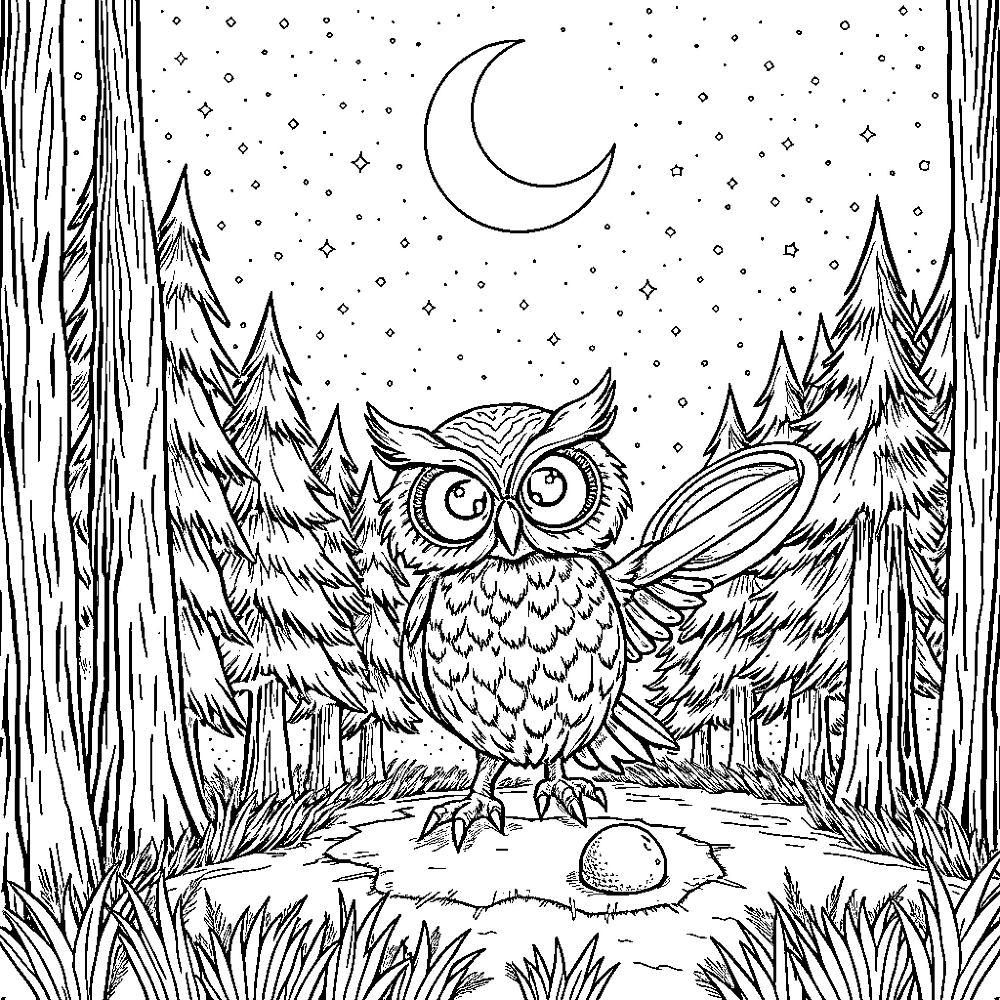 Owl gazing at the serene night sky Coloring Page (free black-and-white line drawing printable PDF for all, from beginners to advanced learners, including children, teens, adults, and seniors)