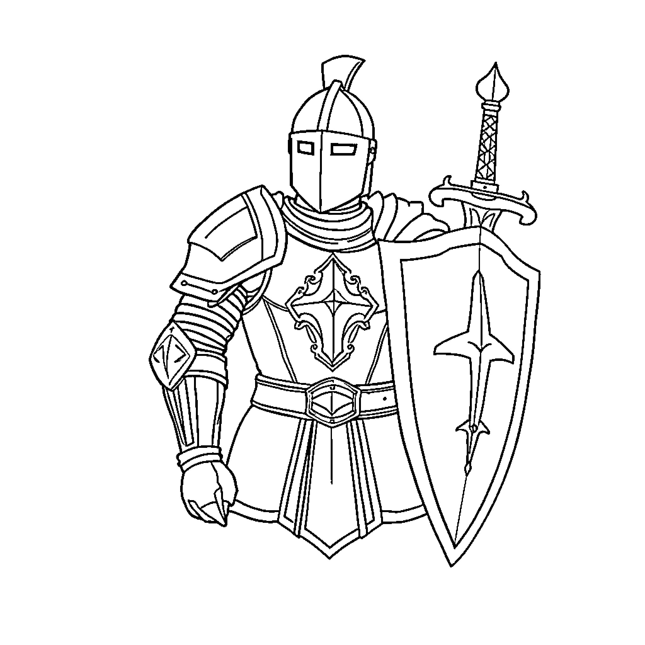 Armor-clad Knight with Sword and Shield Coloring Page (free black-and-white line drawing printable PDF for all, from beginners to advanced learners, including children, teens, adults, and seniors)