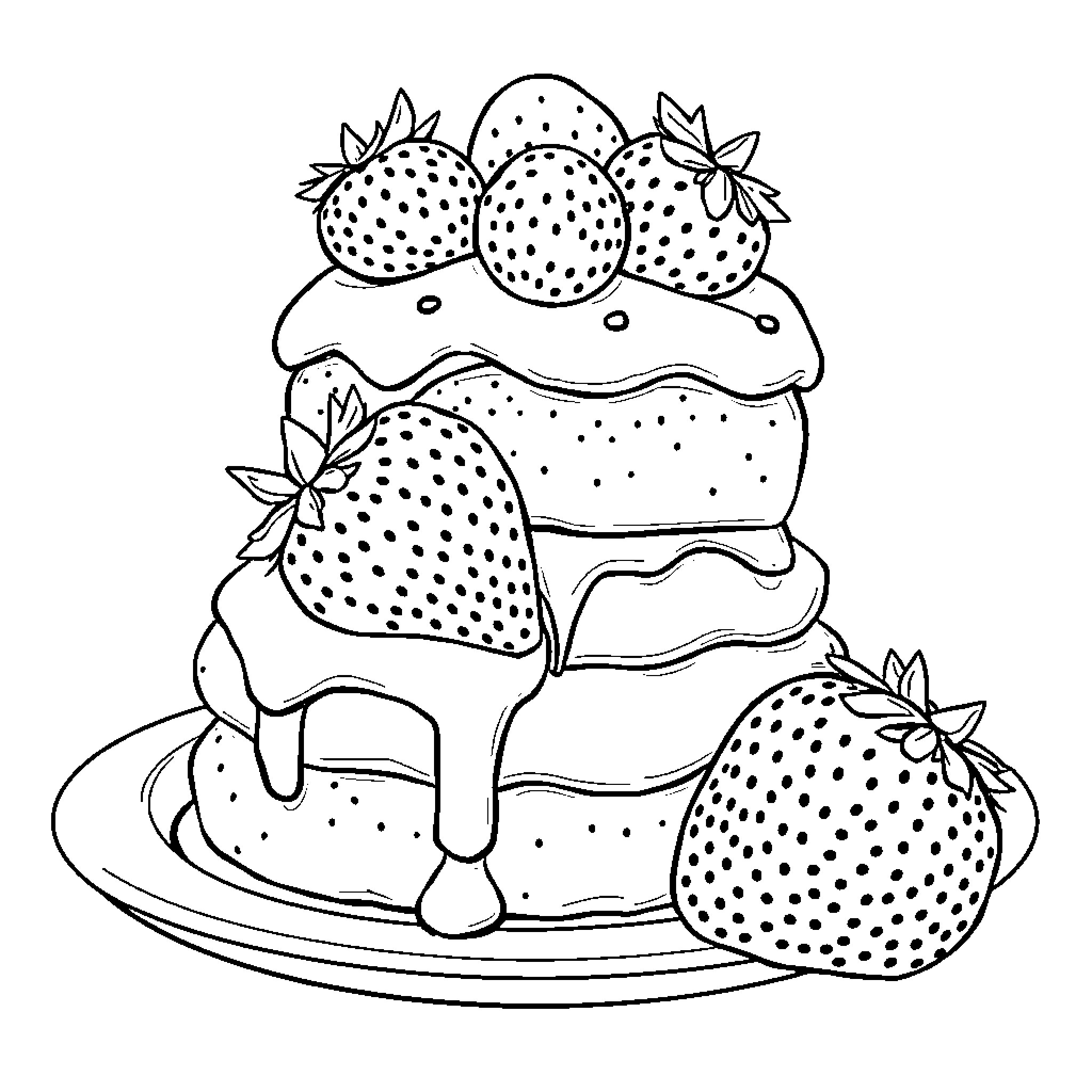 Strawberry Shortcake with Whipped Cream and Strawberries Coloring Page (free black-and-white line drawing printable PDF for all, from beginners to advanced learners, including children, teens, adults, and seniors)