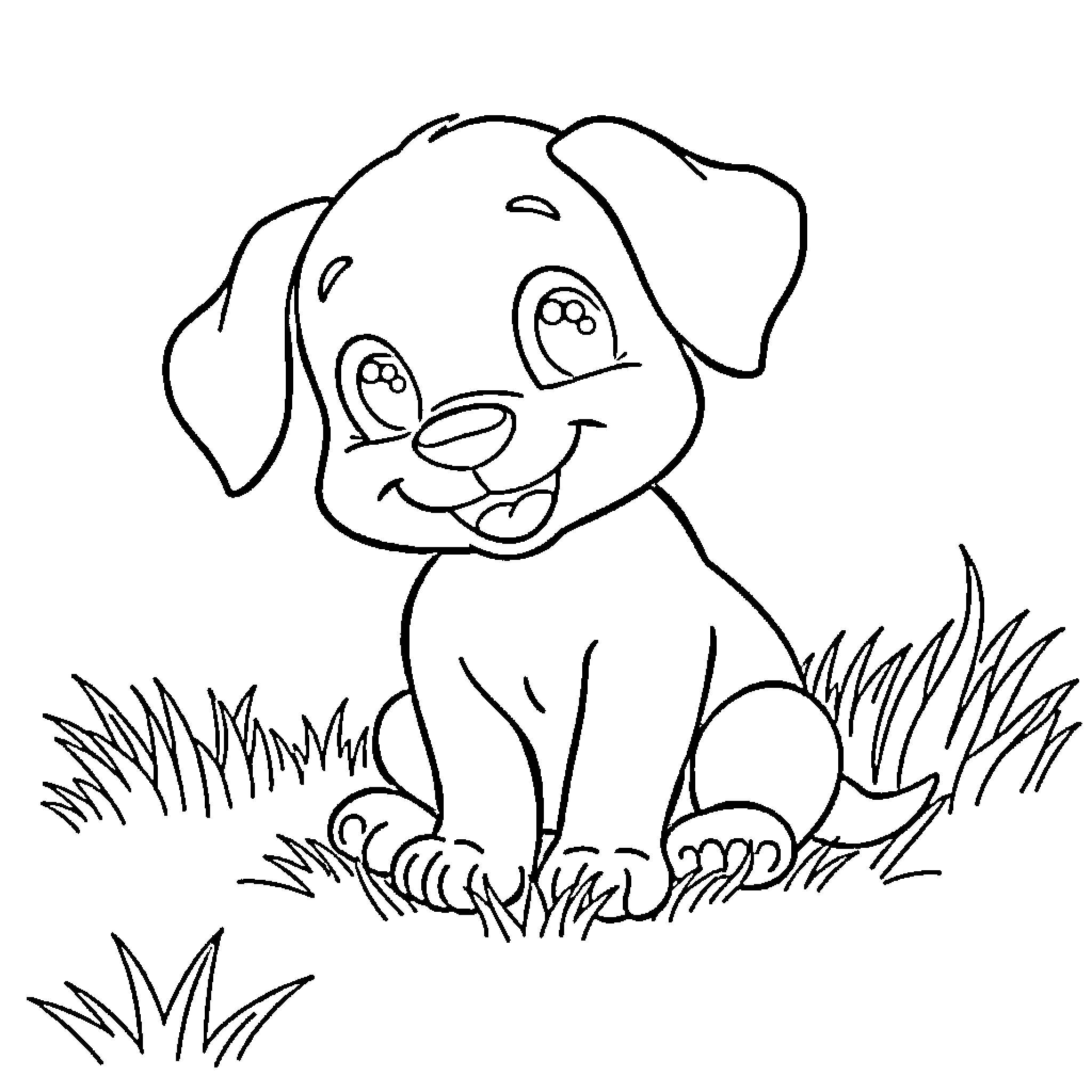 Puppy sitting happily in the grass Coloring Page (free black-and-white line drawing printable PDF for all, from beginners to advanced learners, including children, teens, adults, and seniors)