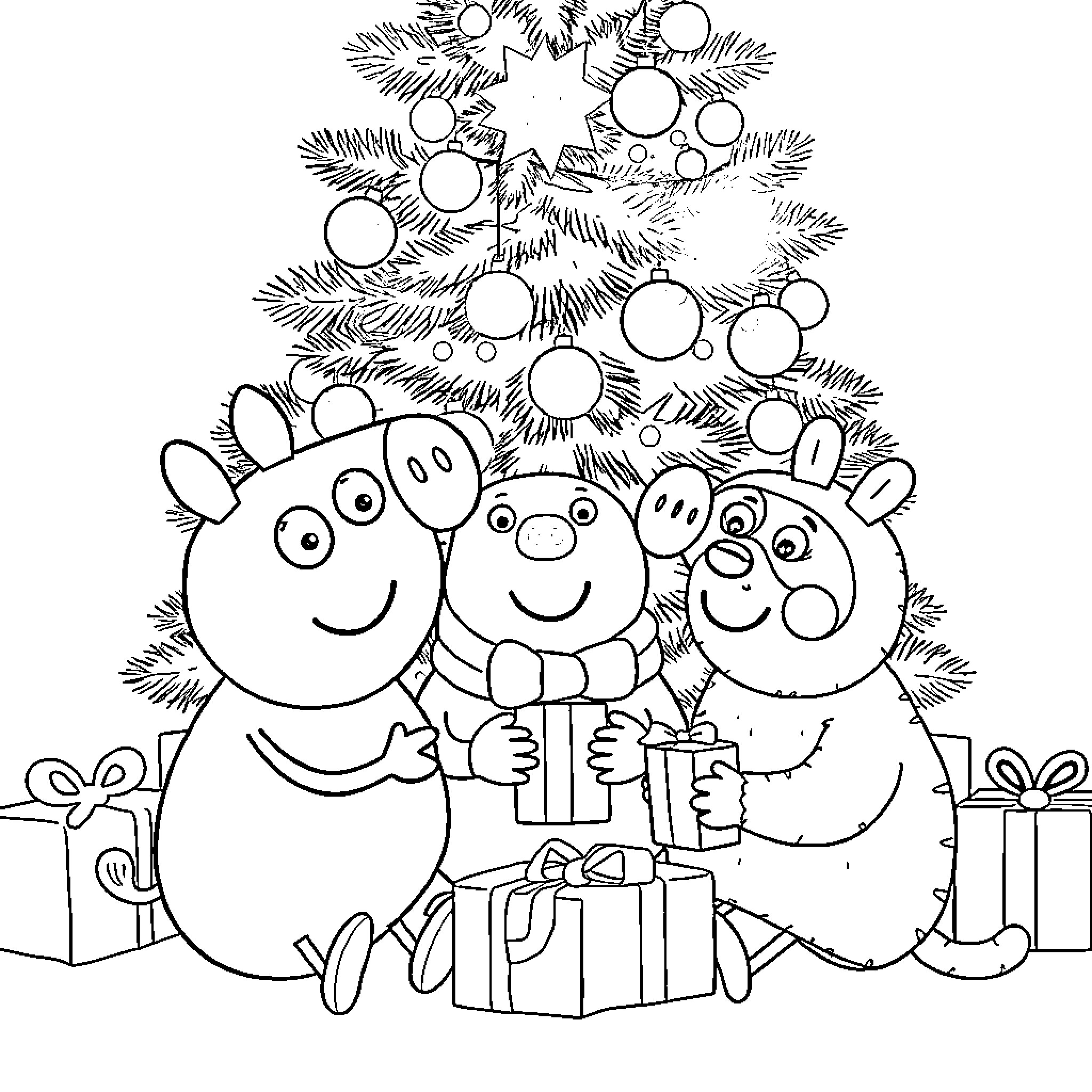 Character Celebrating Christmas with Family Coloring Page (free black-and-white line drawing printable PDF for all, from beginners to advanced learners, including children, teens, adults, and seniors)