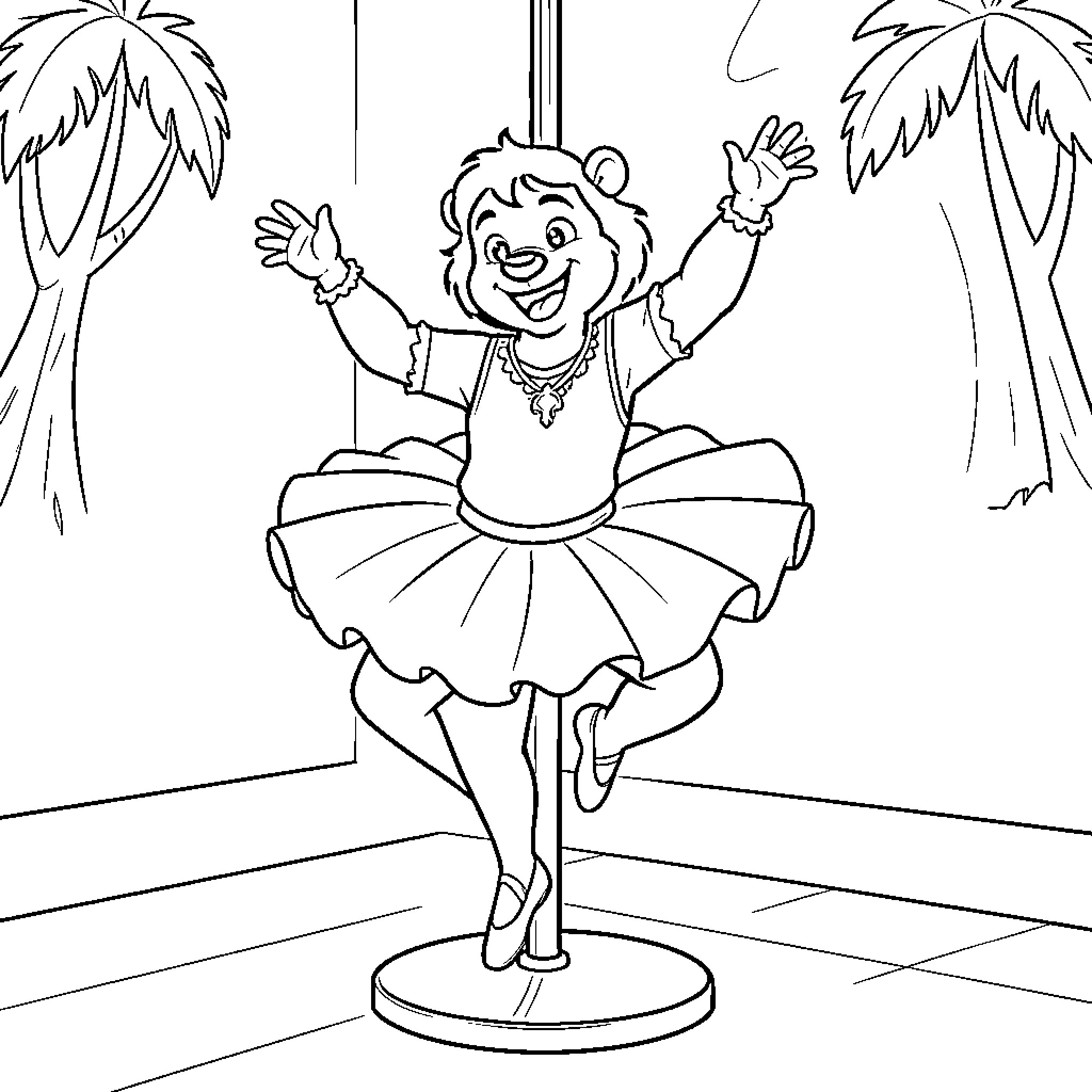 Baloo dancing joyfully in a ballet tutu Coloring Page (free black-and-white line drawing printable PDF for all, from beginners to advanced learners, including children, teens, adults, and seniors)