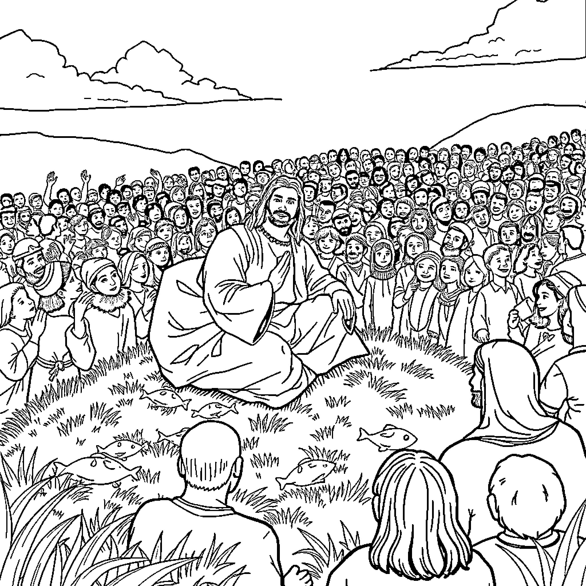 Jesus Preaching to the Crowd on the Mountainside Coloring Page (free black-and-white line drawing printable PDF for all, from beginners to advanced learners, including children, teens, adults, and seniors)