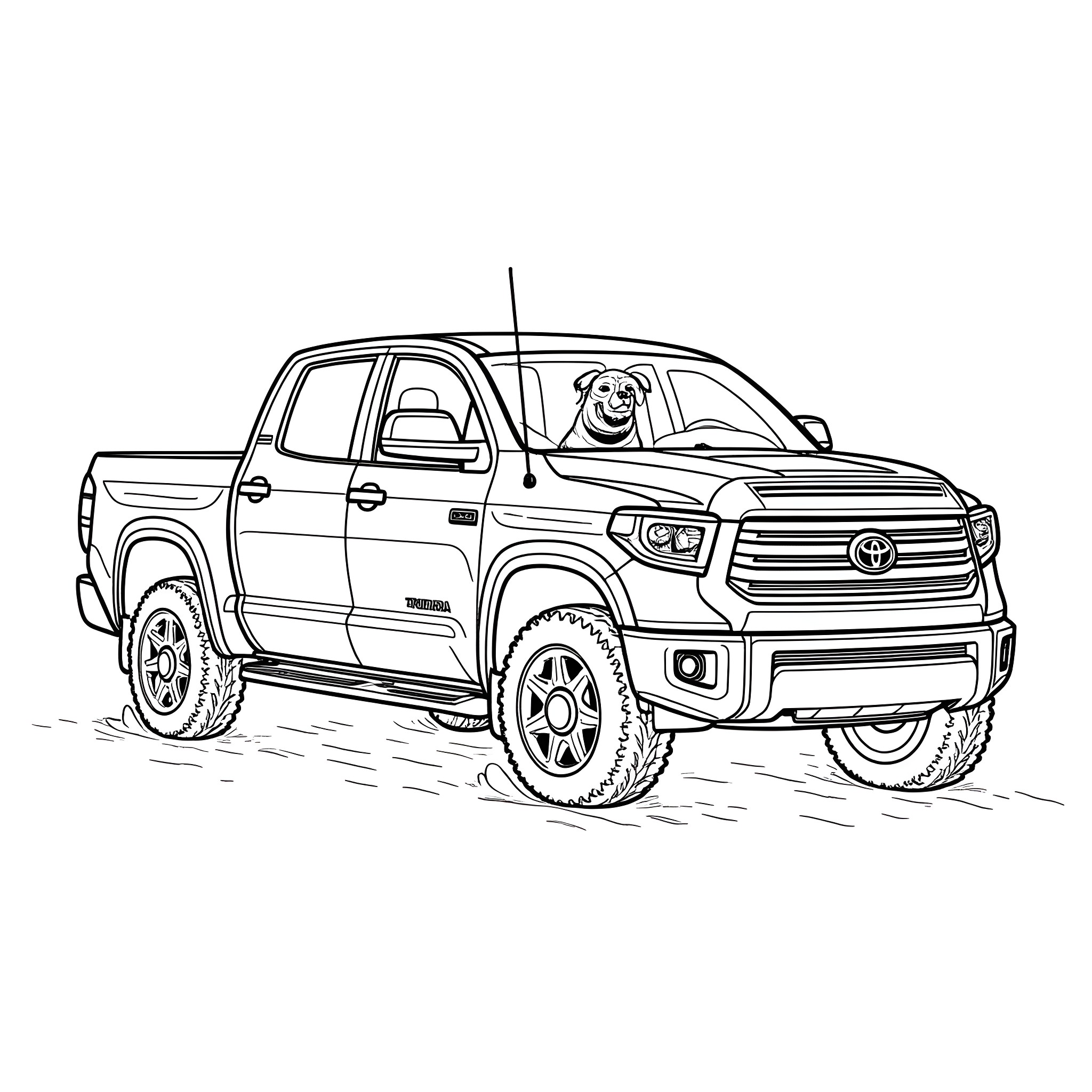 Dog riding in the pickup truck on an adventure Coloring Page (free black-and-white line drawing printable PDF for all, from beginners to advanced learners, including children, teens, adults, and seniors)